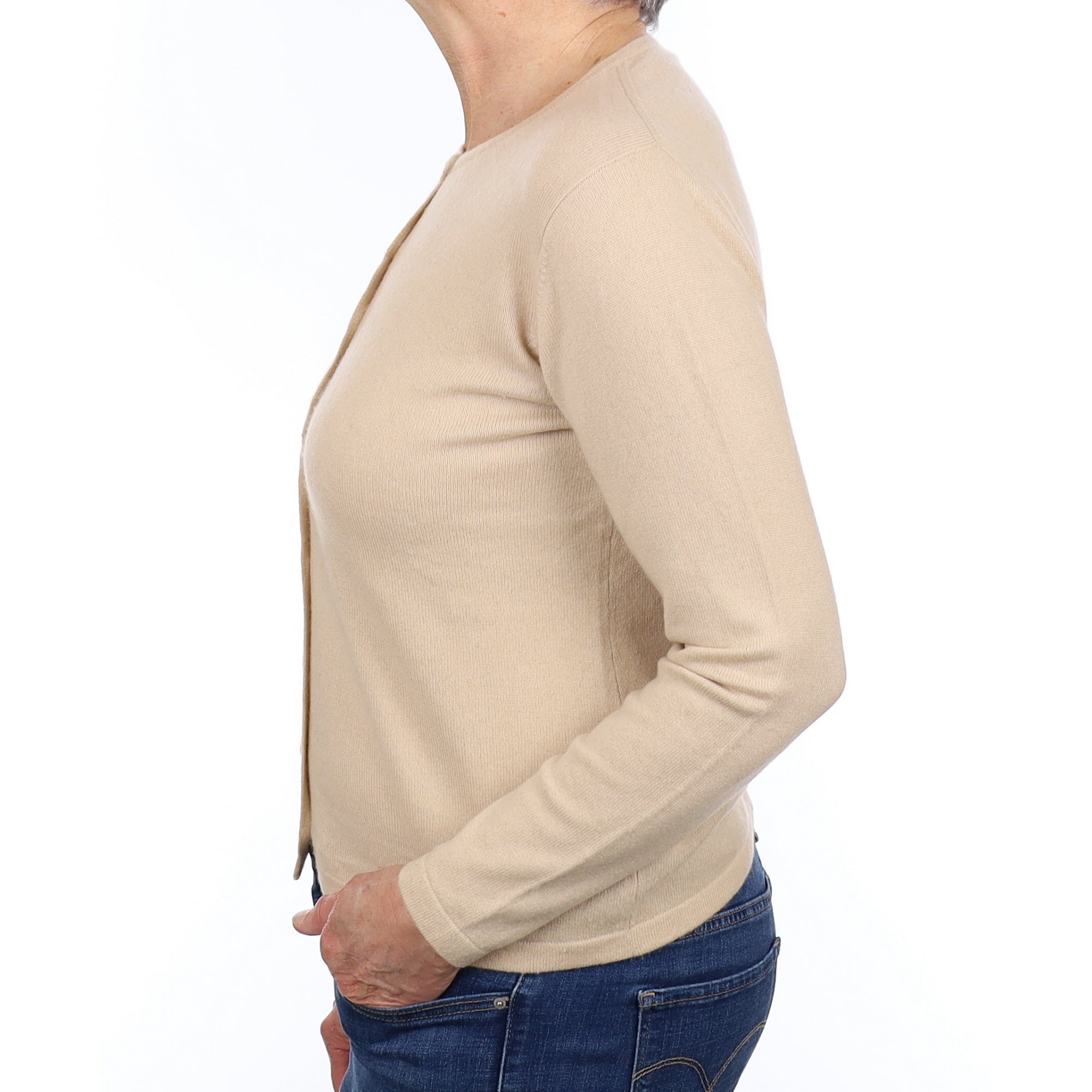 Sand Beige Cashmere Crew Neck Cardigan Medium