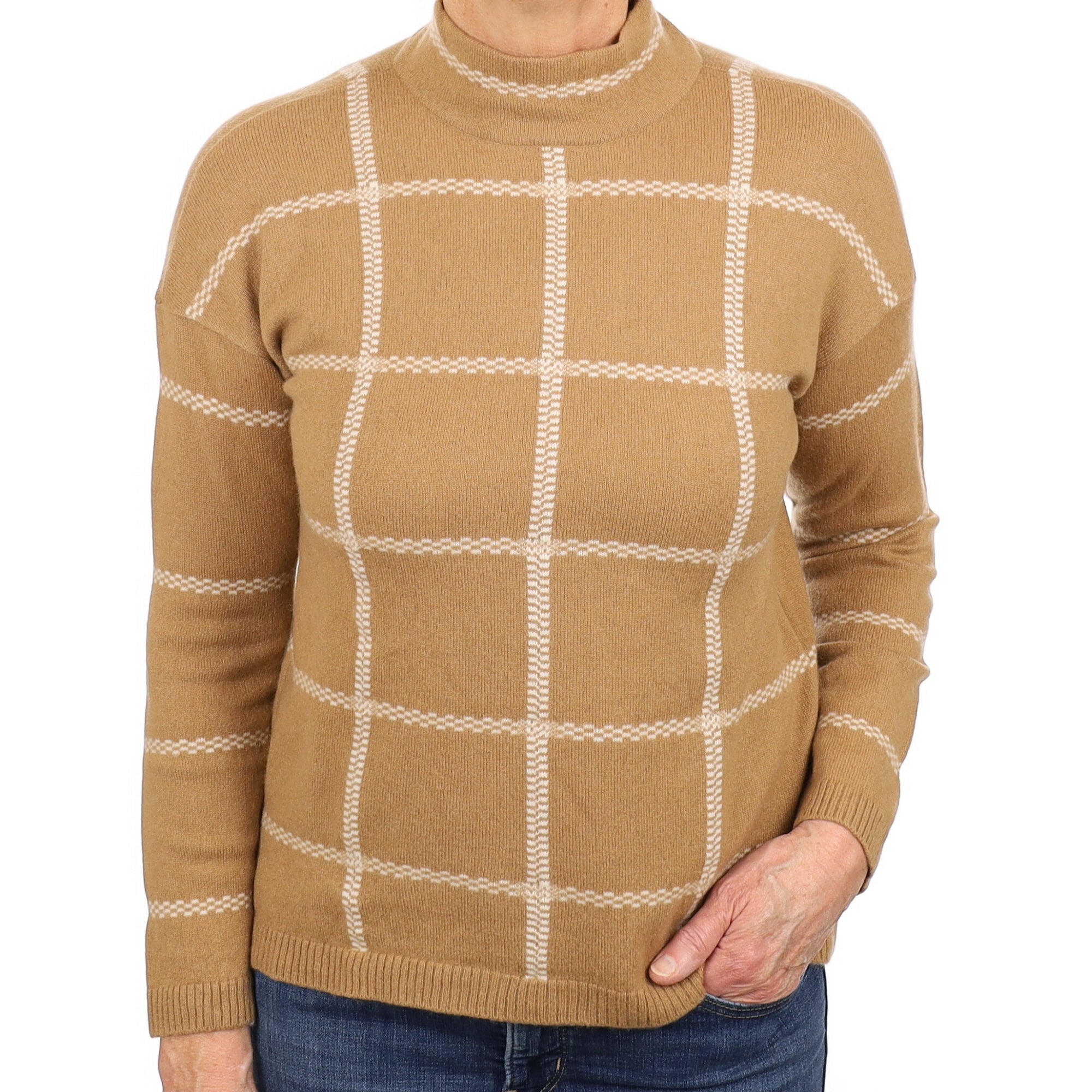 Caramel and Cream Check Cashmere Turtleneck Jumper Medium