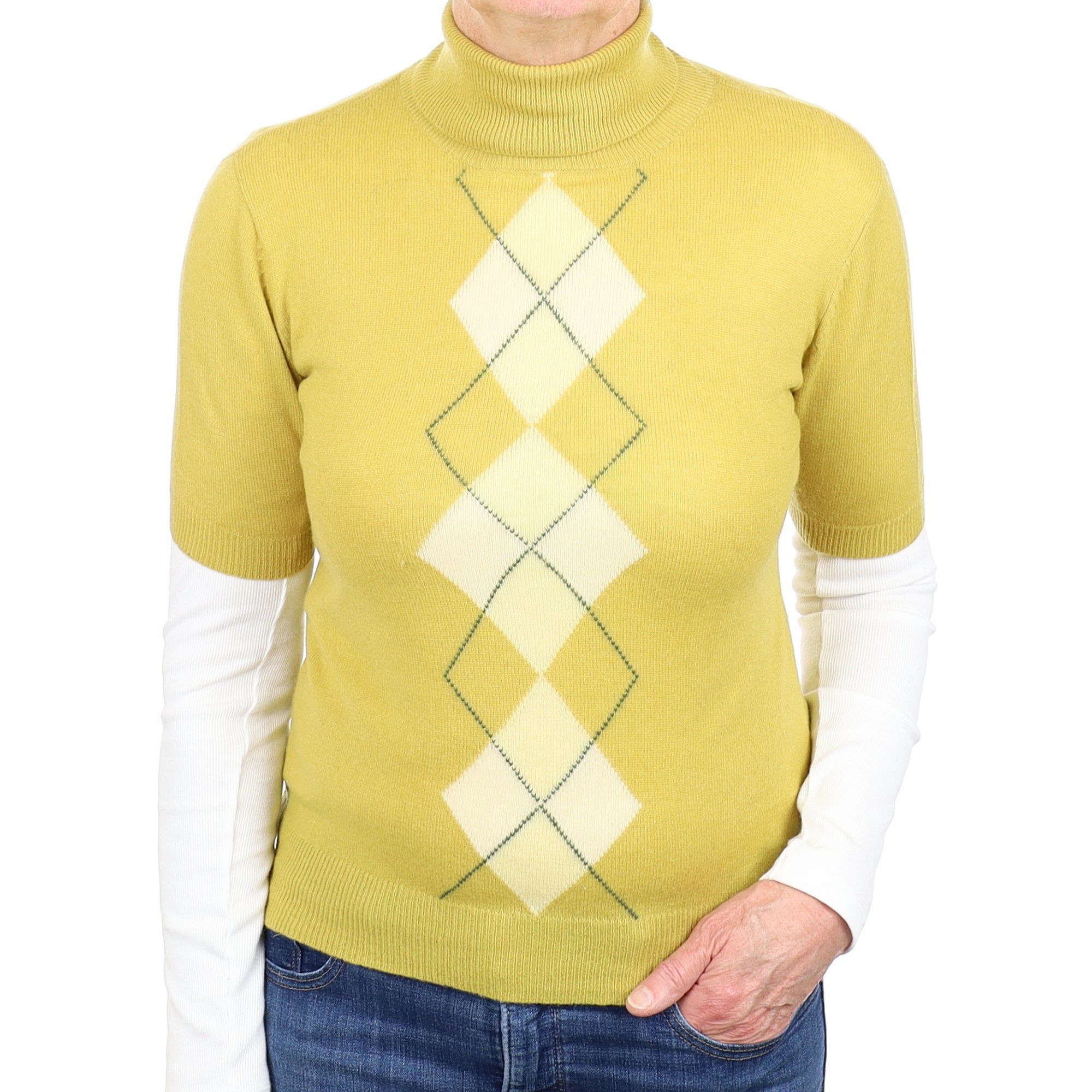 Lichen Yellow Diamond Cashmere Short Sleeve Polo Neck Jumper Medium