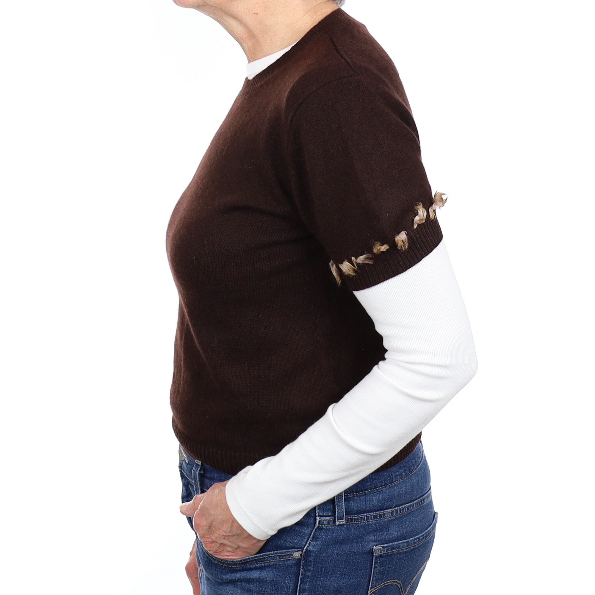 Chocolate Brown Cashmere Tassel Edged Short Sleeve Crew Neck Jumper Medium