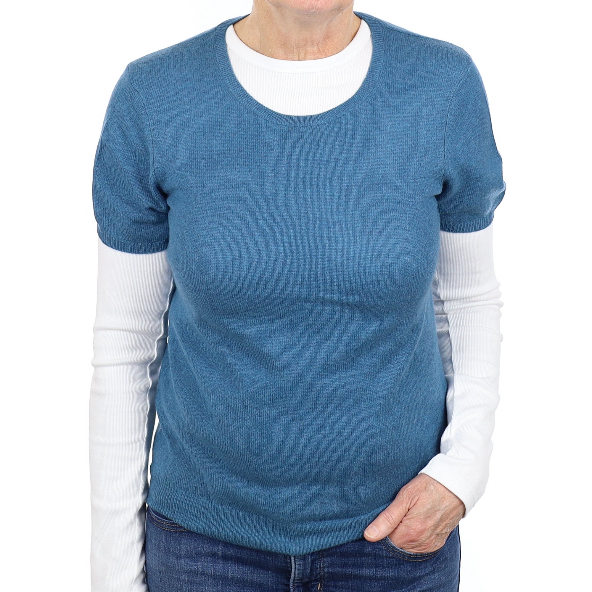 Ocean Blue Cashmere Short Sleeve Crew Neck Jumper Medium