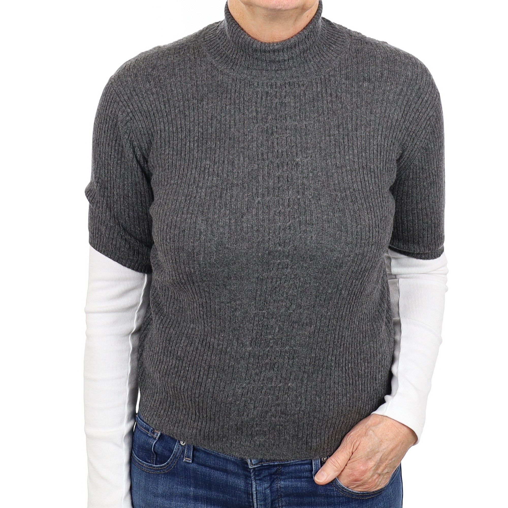 Slate Grey Cashmere Rib Short Sleeve Polo Neck Jumper Medium