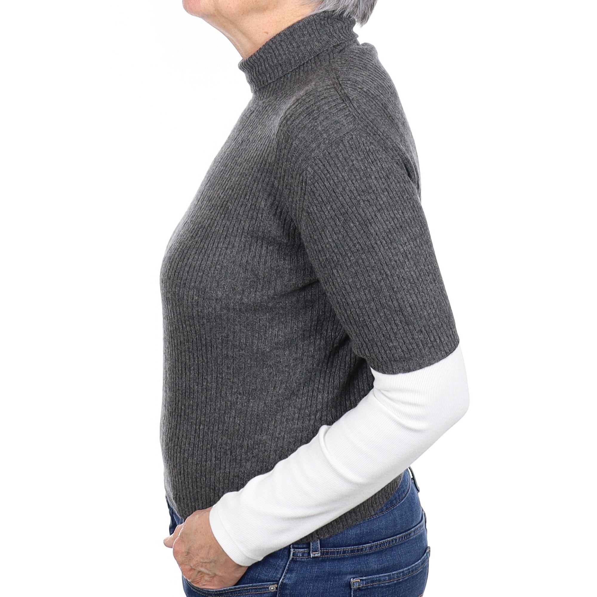 Slate Grey Cashmere Rib Short Sleeve Polo Neck Jumper Medium