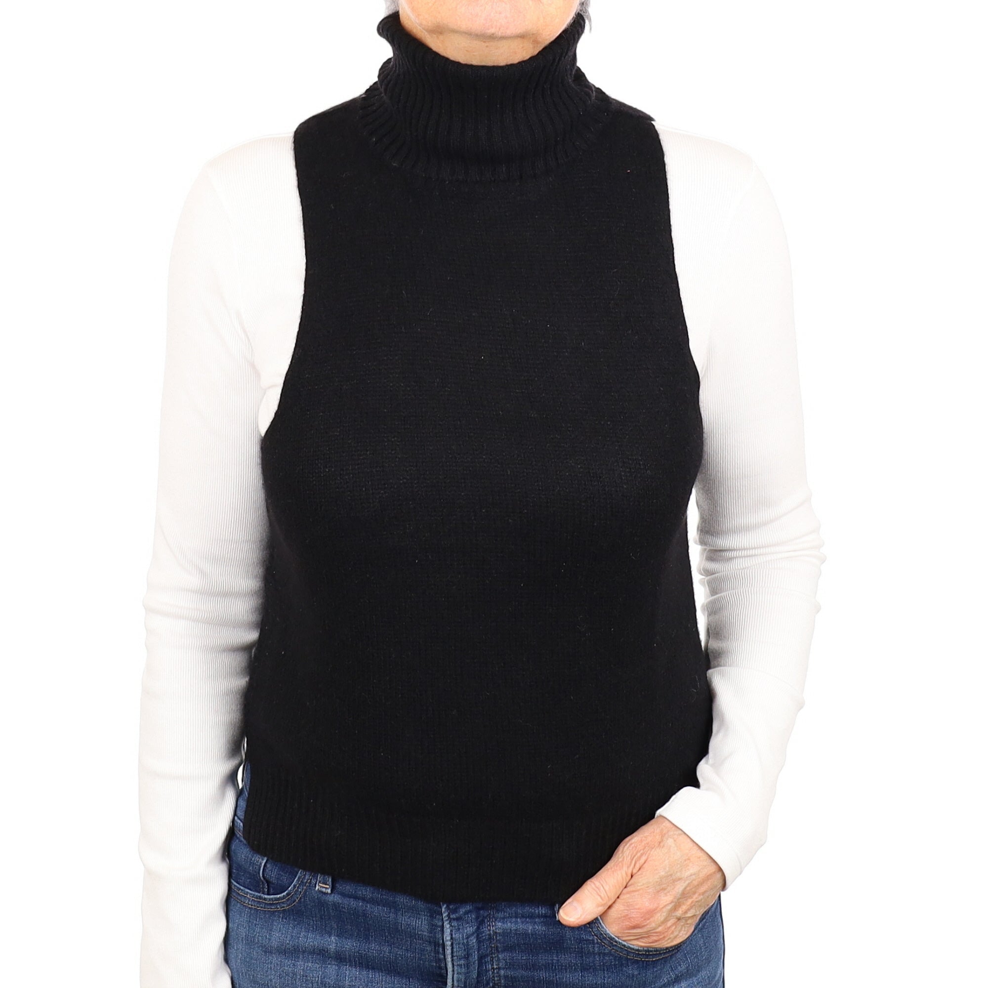 Black Cashmere Sleeveless Polo Neck Jumper Medium