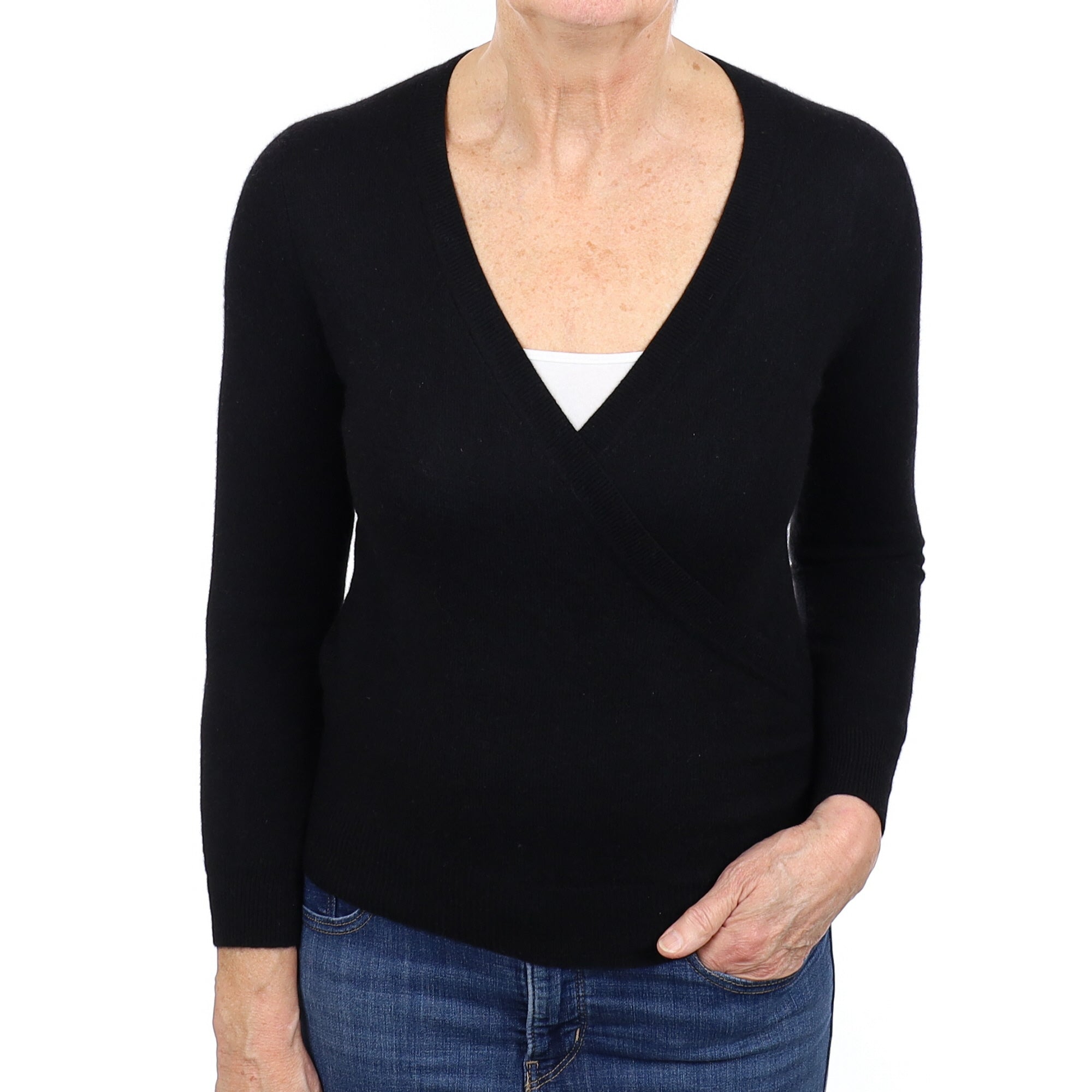 Black Cashmere Cross Over V Neck Jumper Medium