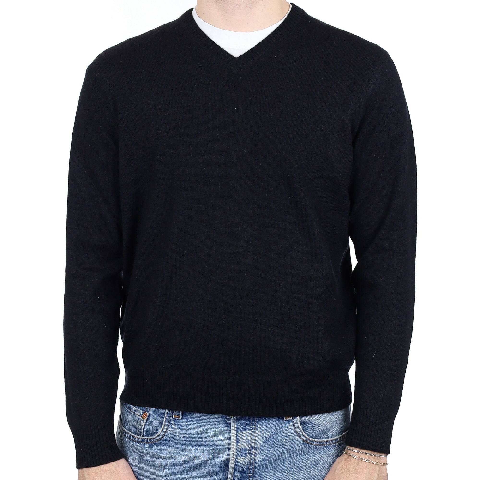 Men's Black Cashmere V Neck Jumper Large