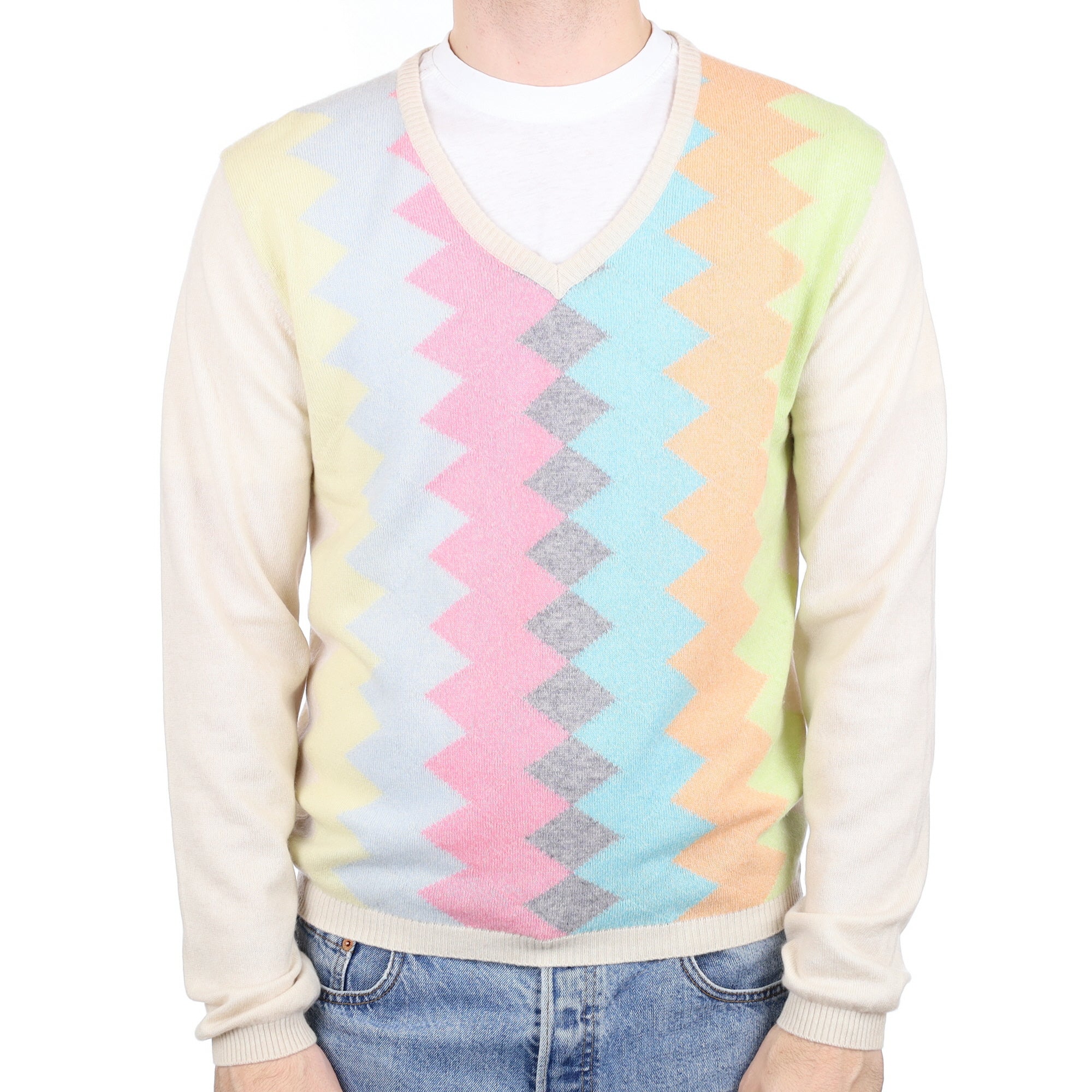 Men's Oatmeal Colourful Patterned Cashmere V Neck Jumper Large