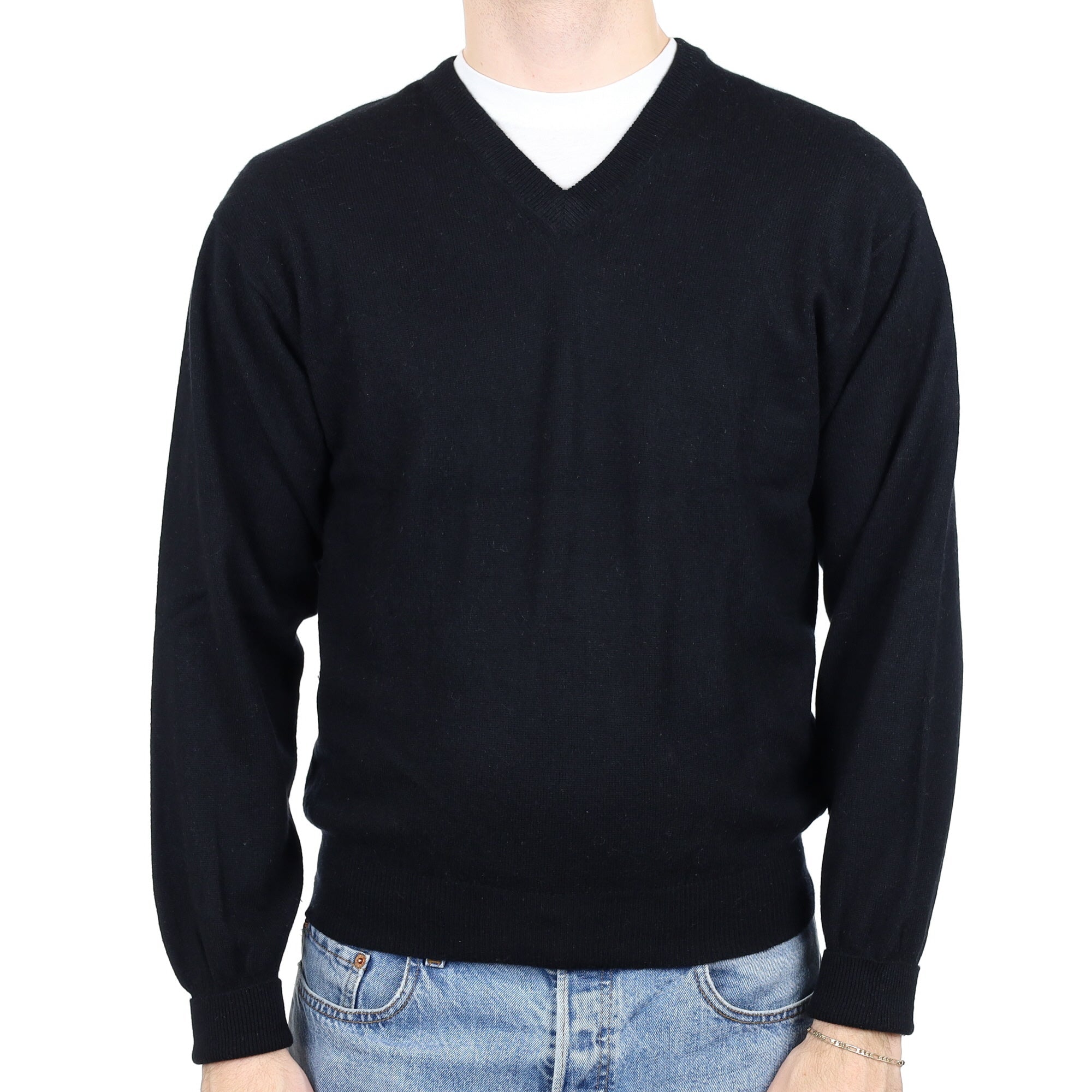 Men's Black Cashmere V Neck Jumper Medium