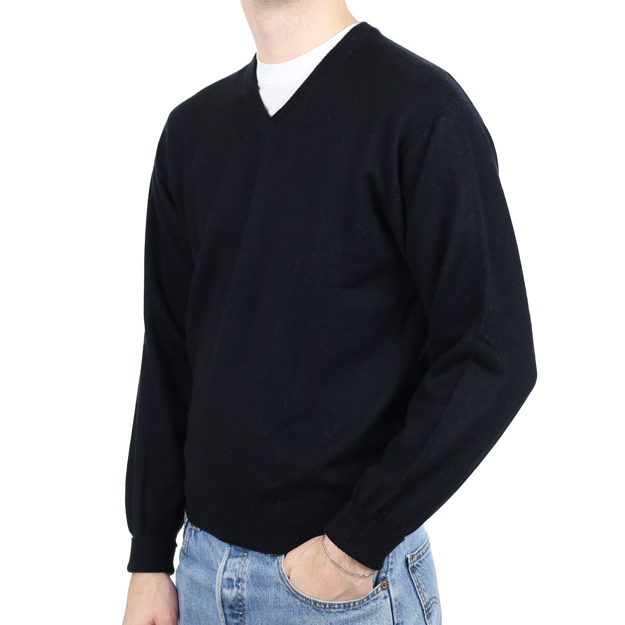 Men's Black Cashmere V Neck Jumper Medium