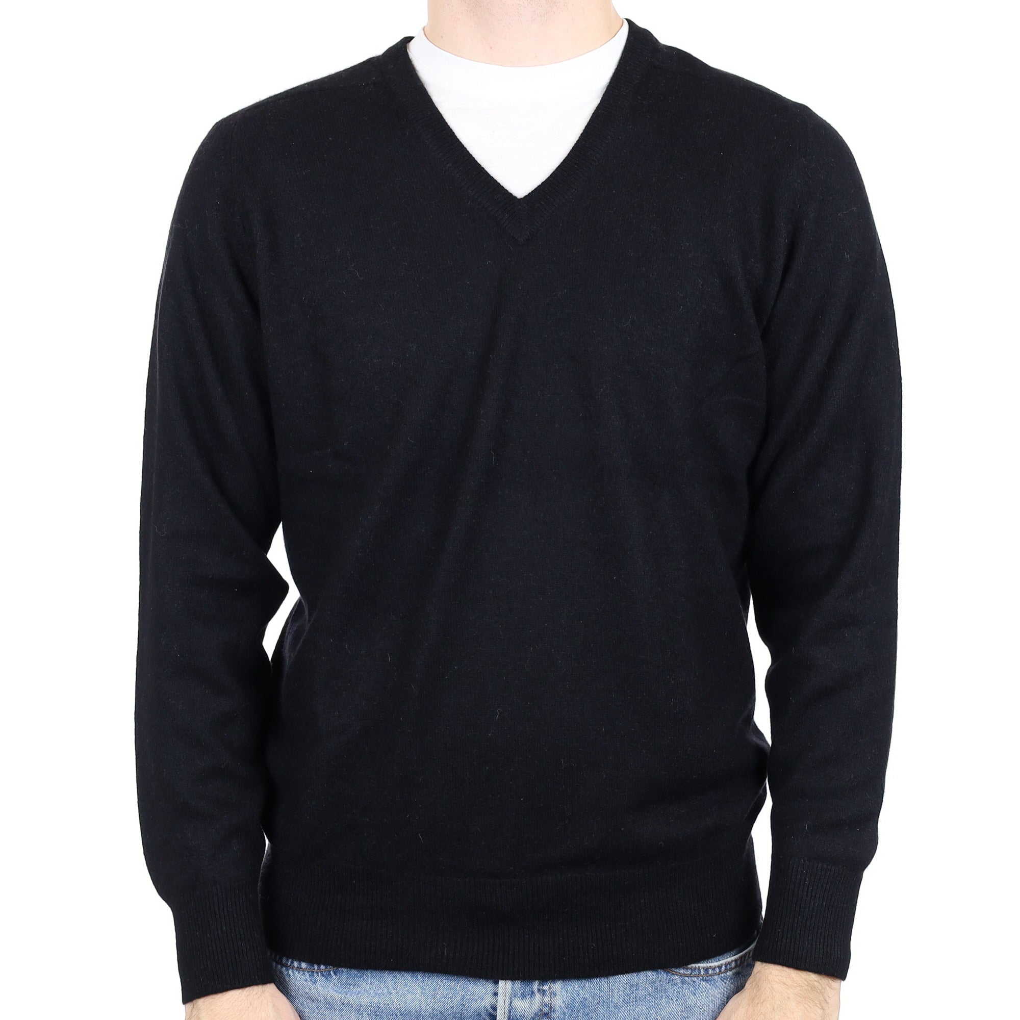 Men's Black Cashmere V Neck Jumper Medium