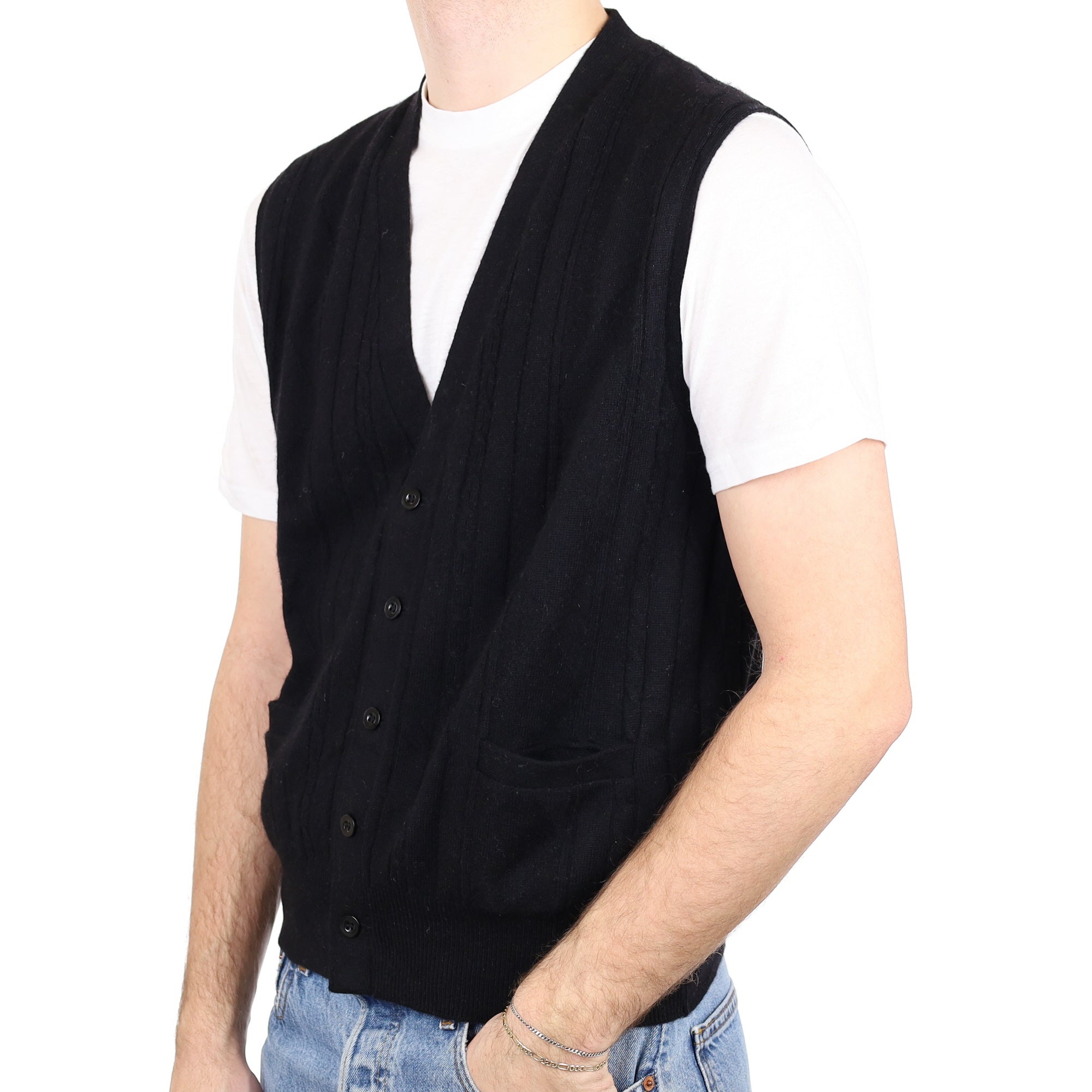 Men's Black Rib Cashmere V Neck Sleeveless Cardigan with Pockets Large