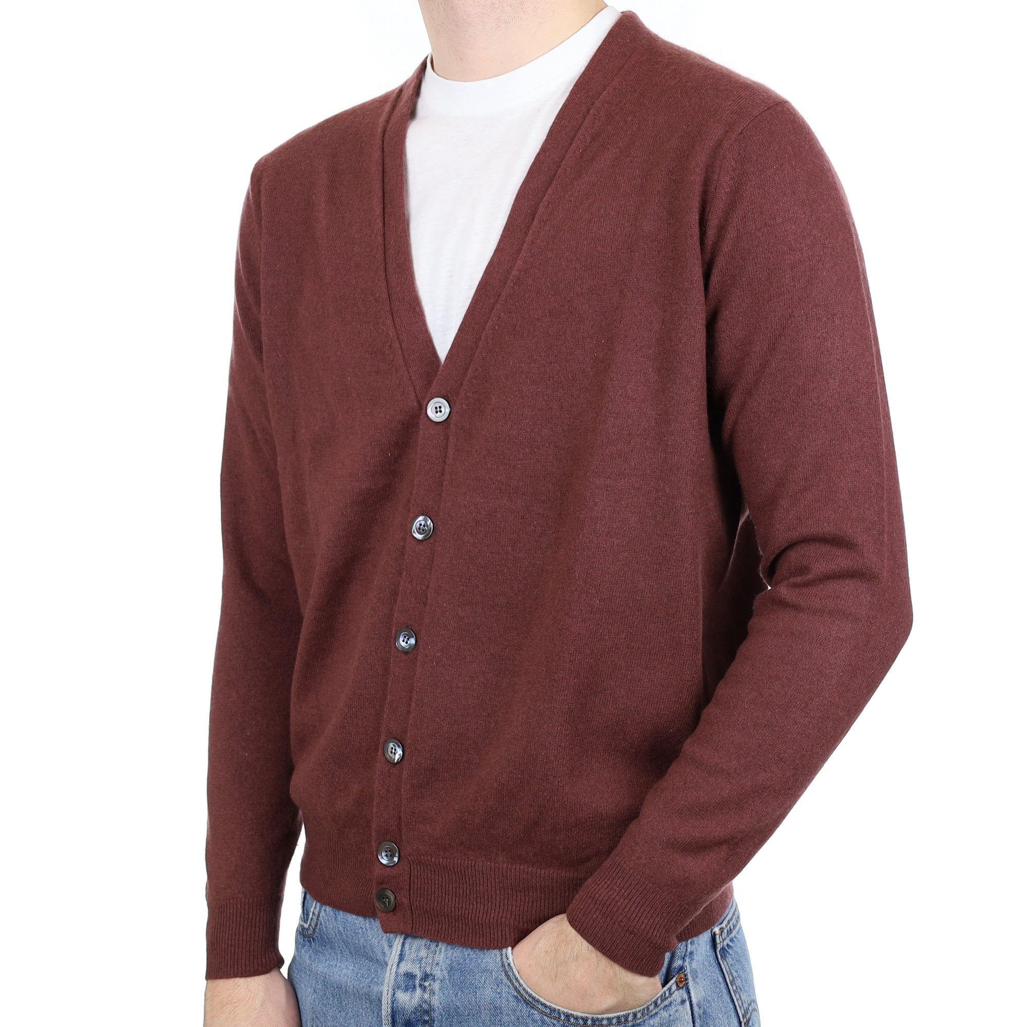 Men's Muted Mulberry Cashmere V Neck Cardigan Large