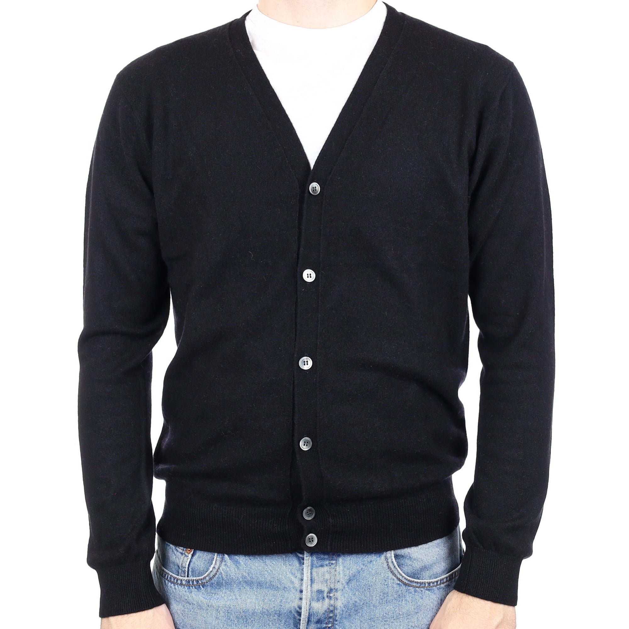 Men's Black Cashmere V Neck Cardigan Large