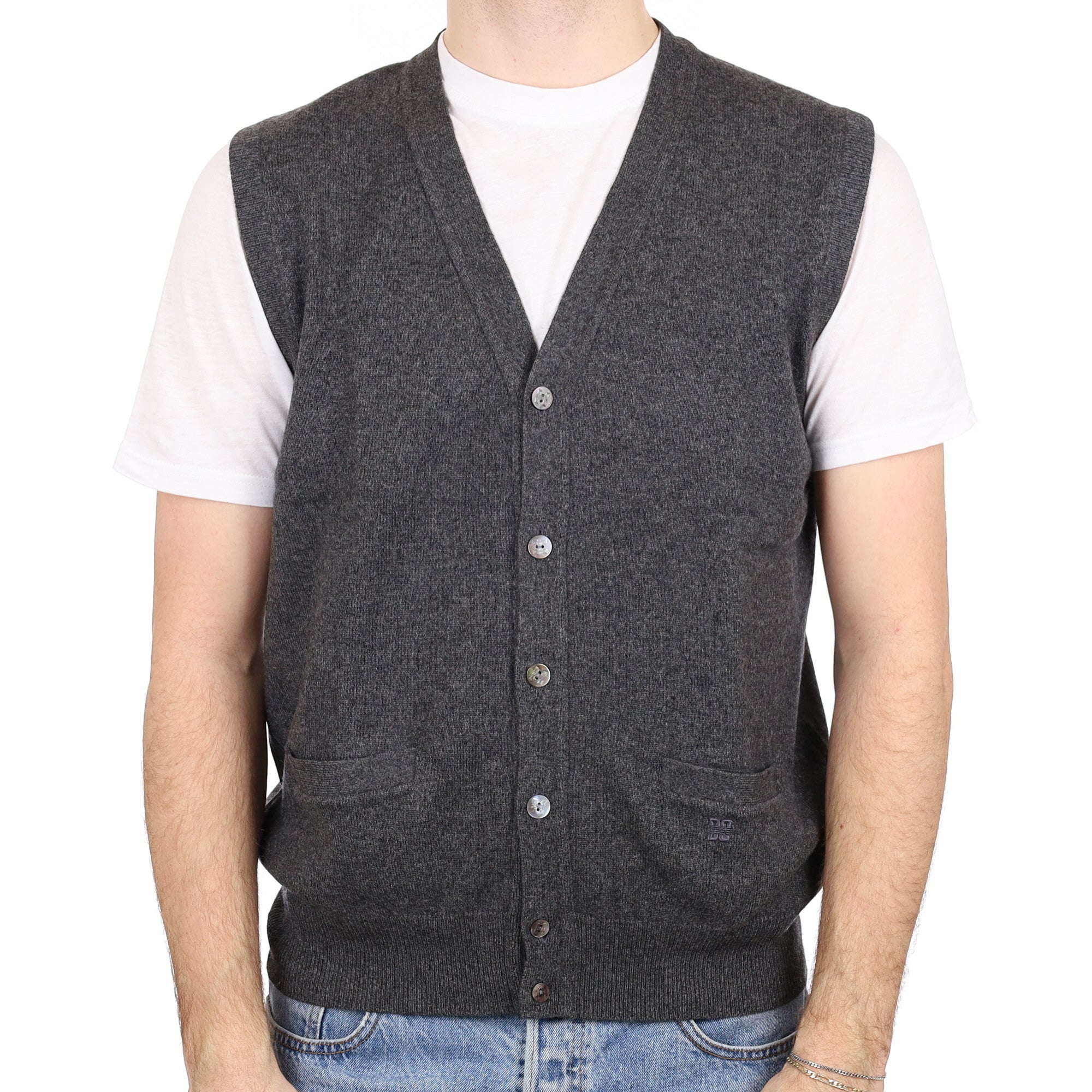 Men's Charcoal Grey Cashmere V Neck Sleeveless Cardigan Large