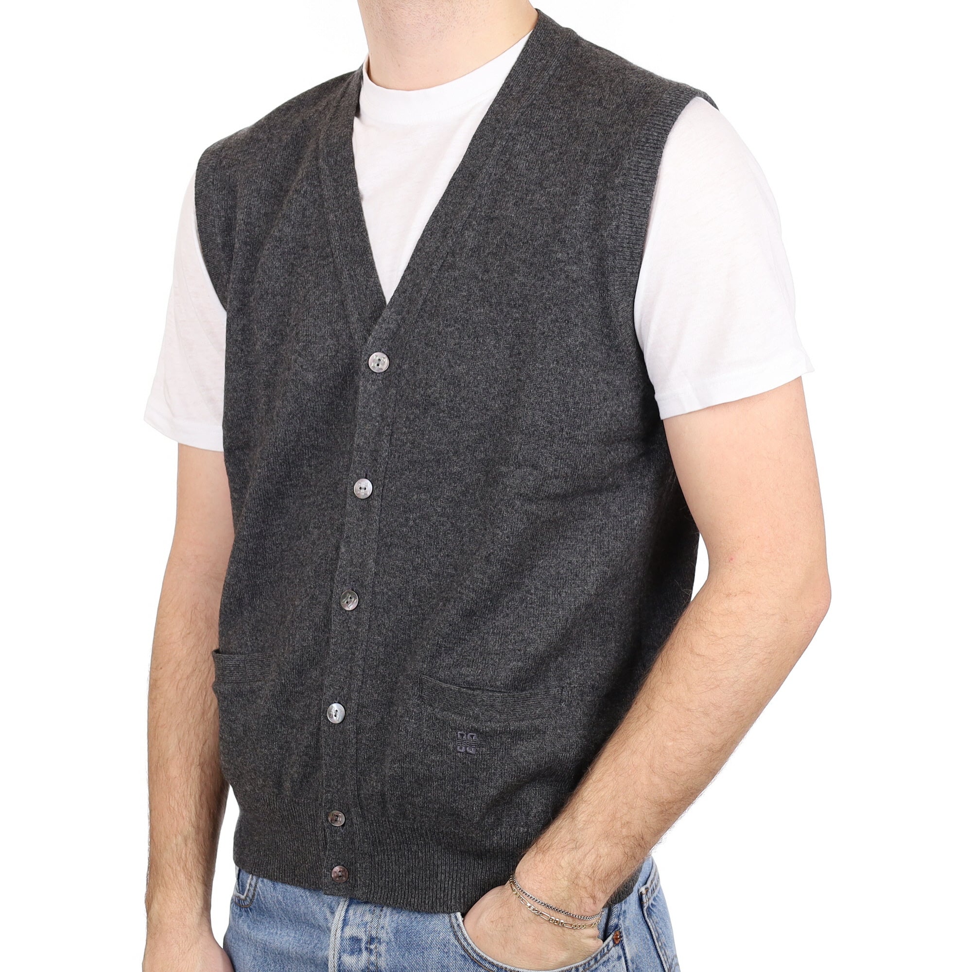 Men's Charcoal Grey Cashmere V Neck Sleeveless Cardigan Large