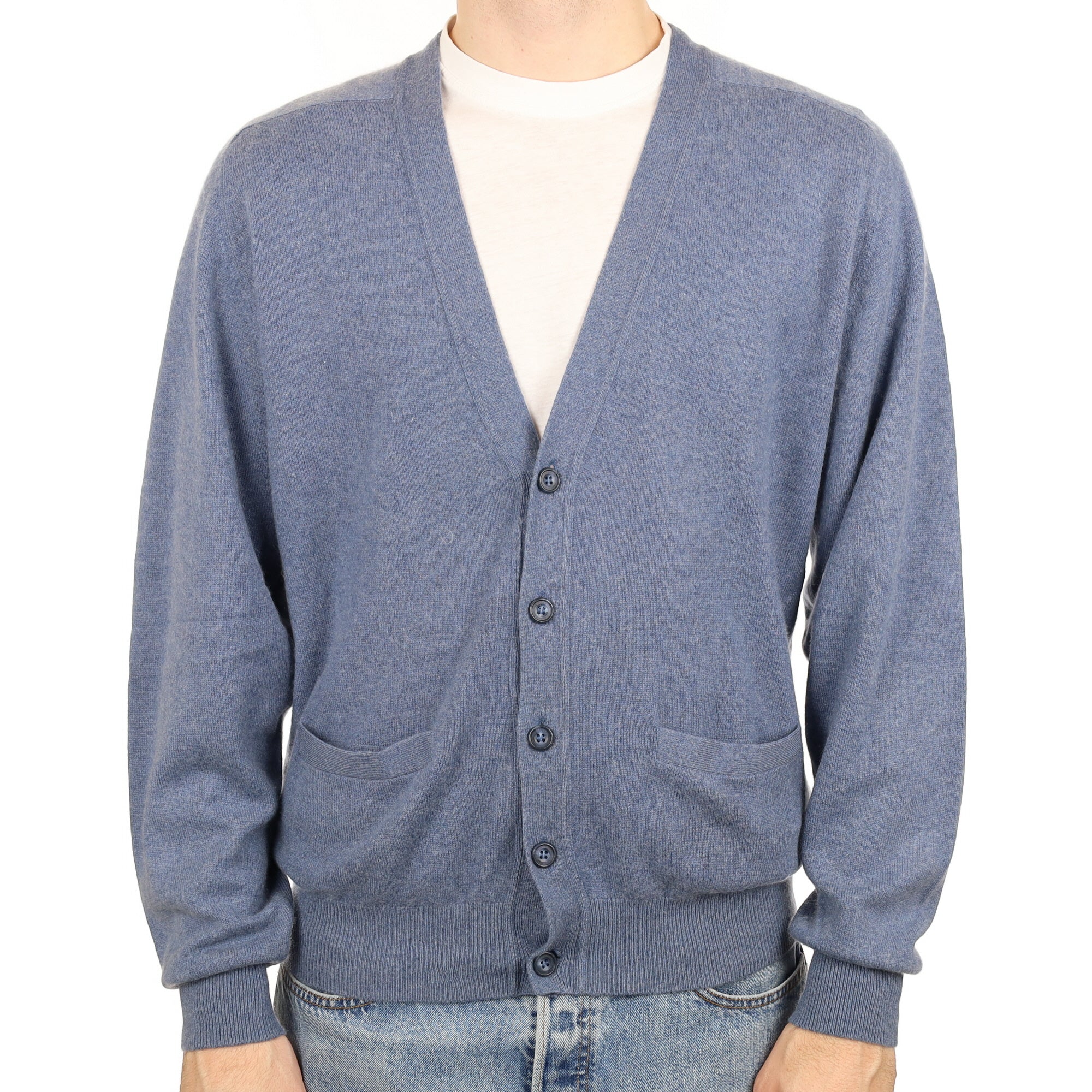 Men's Denim Blue Cashmere V Neck Cardigan with Pockets Large