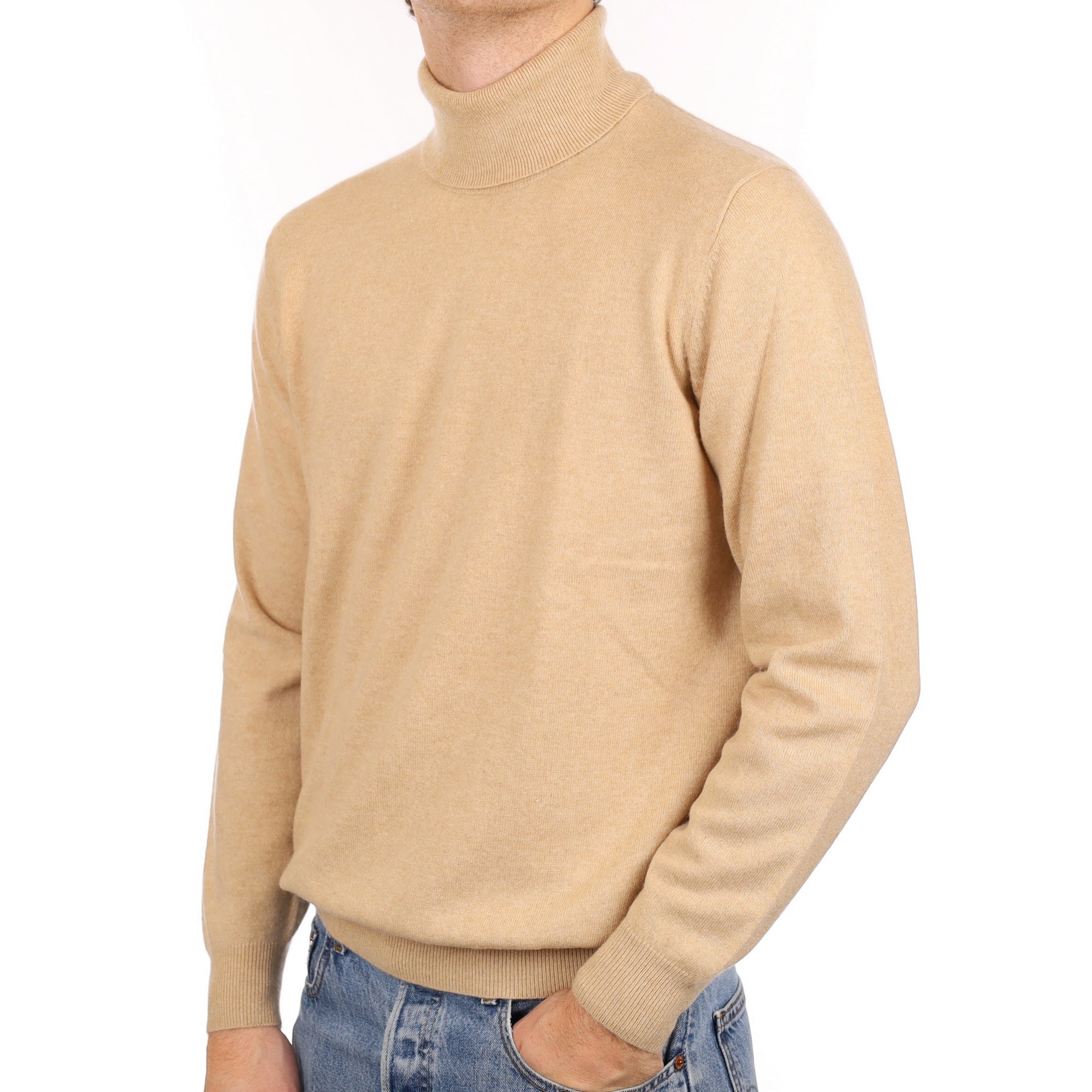 Men's Beige Cashmere Polo Neck Jumper Medium