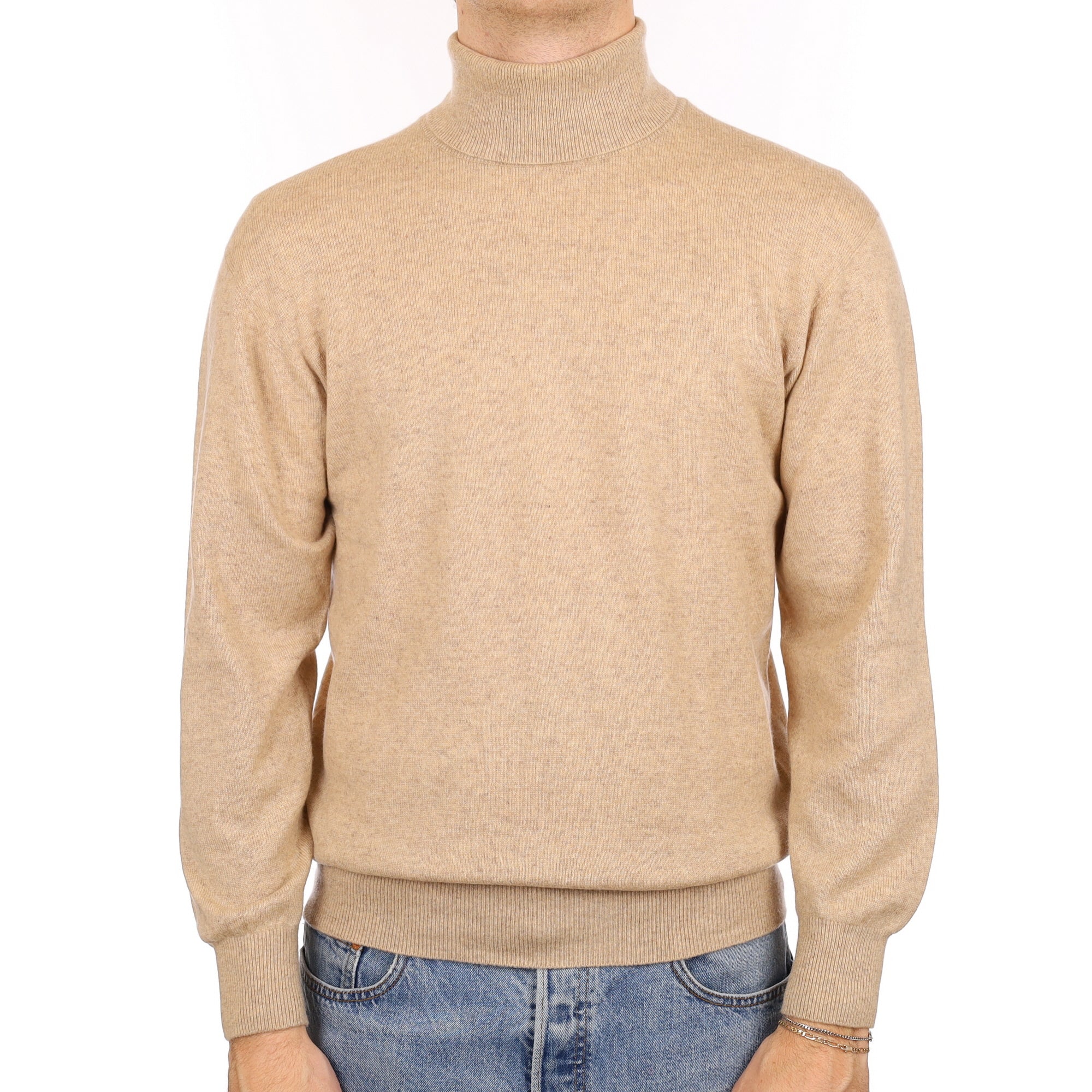 Men's Biscuit Brown Cashmere Polo Neck Jumper Medium