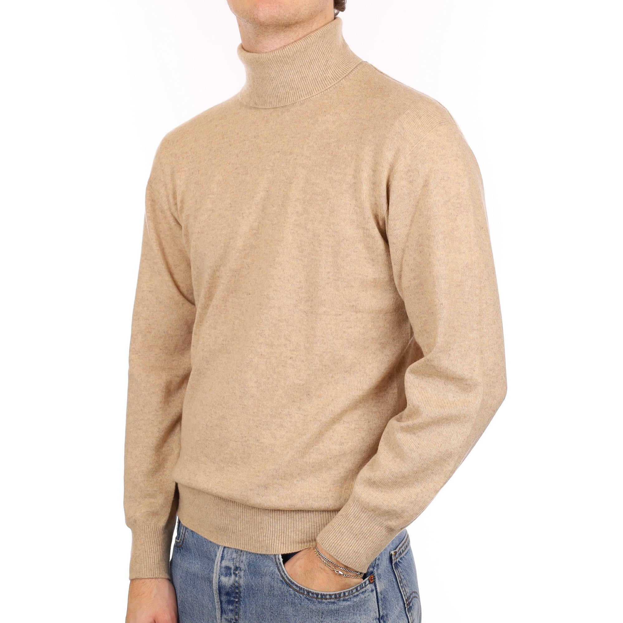 Men's Biscuit Brown Cashmere Polo Neck Jumper Medium