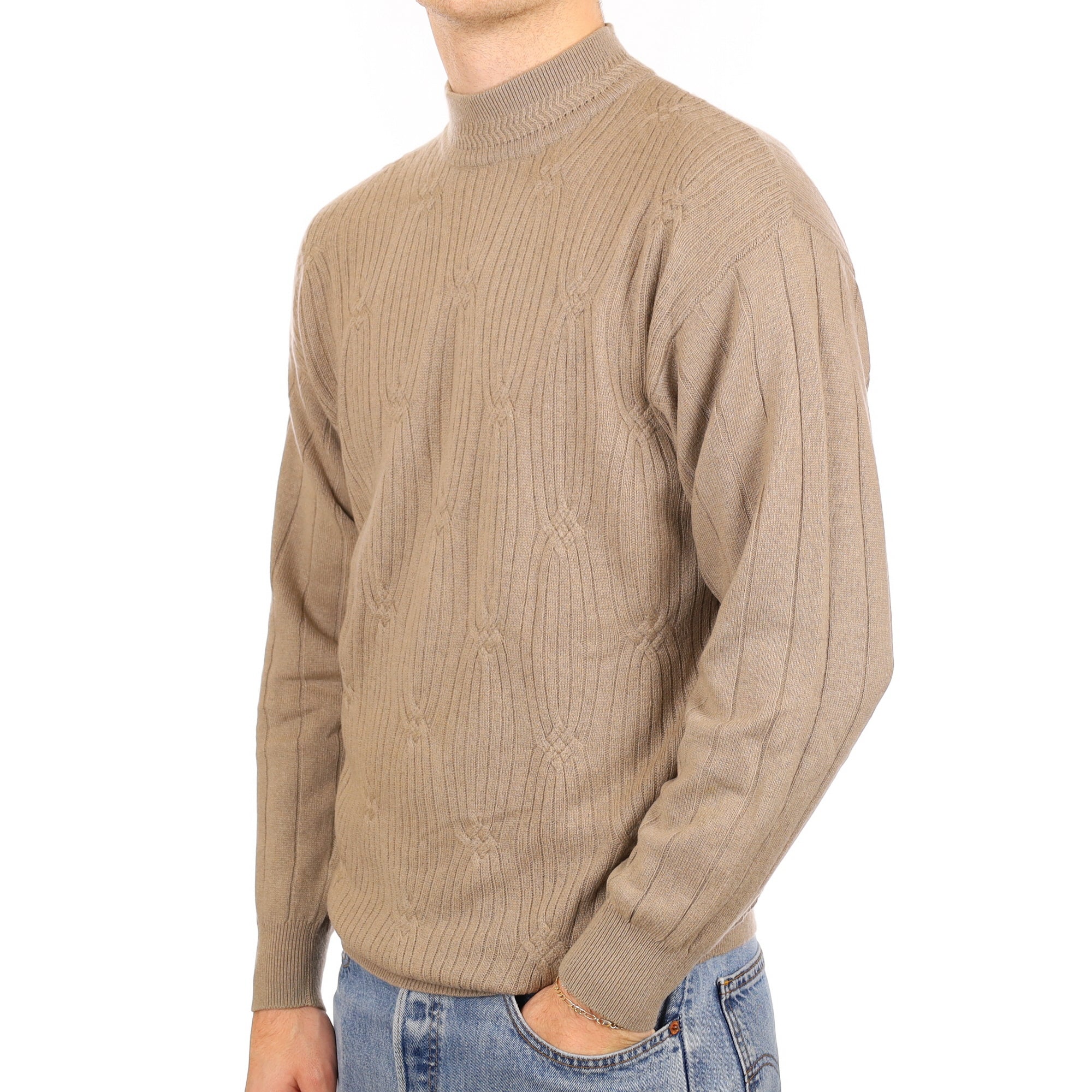 Men's Fawn Textured Cashmere Turtle Neck Jumper Large