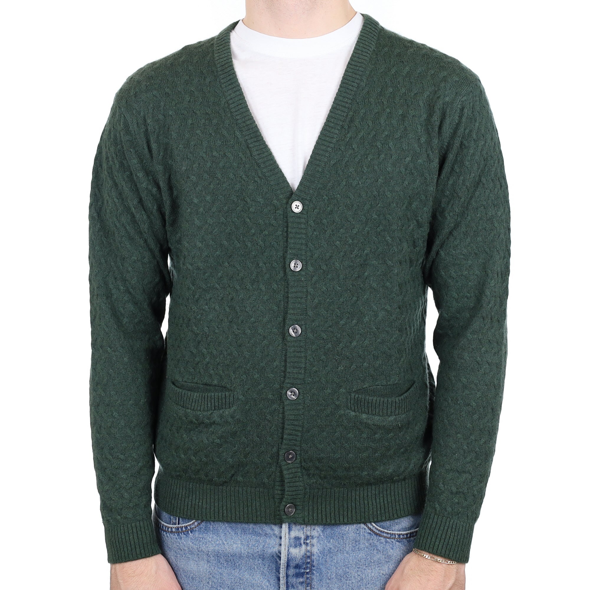 Men's Seaweed Green Cashmere V Neck Jumper Medium