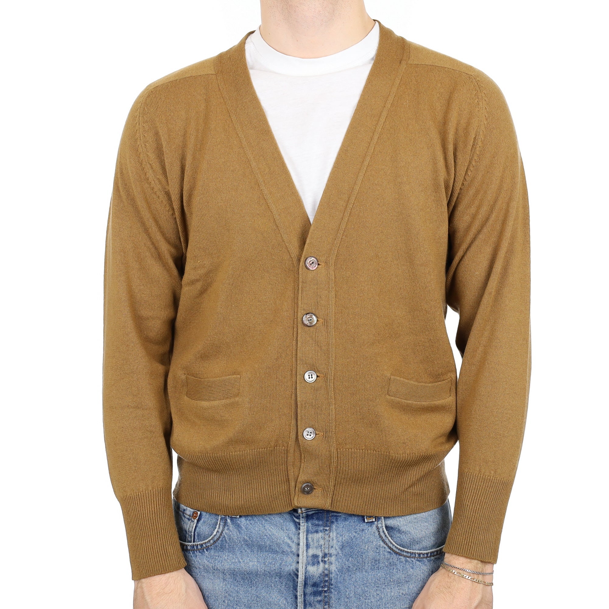 Men's Toffee Brown Cashmere V Neck Cardigan Medium