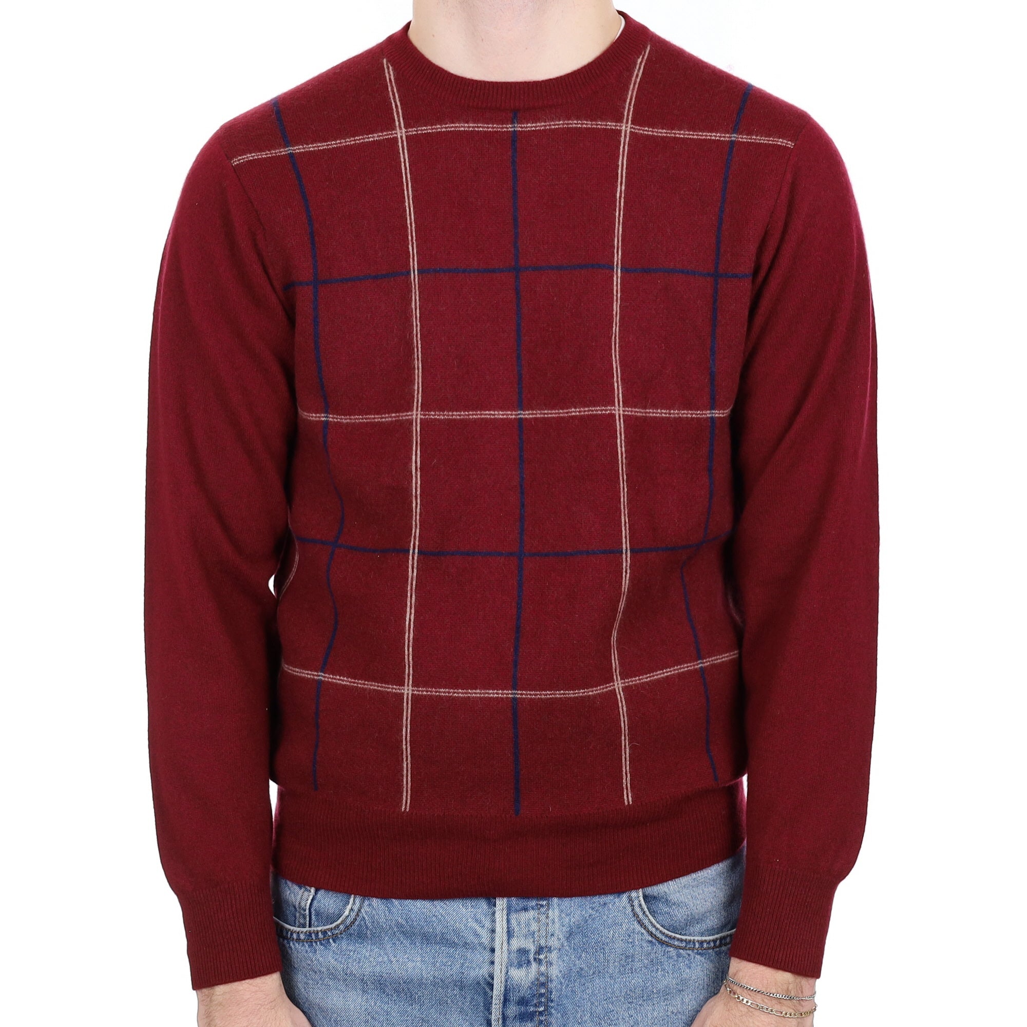 Men's Burgundy Red Patterned Cashmere Crew Neck Jumper Medium