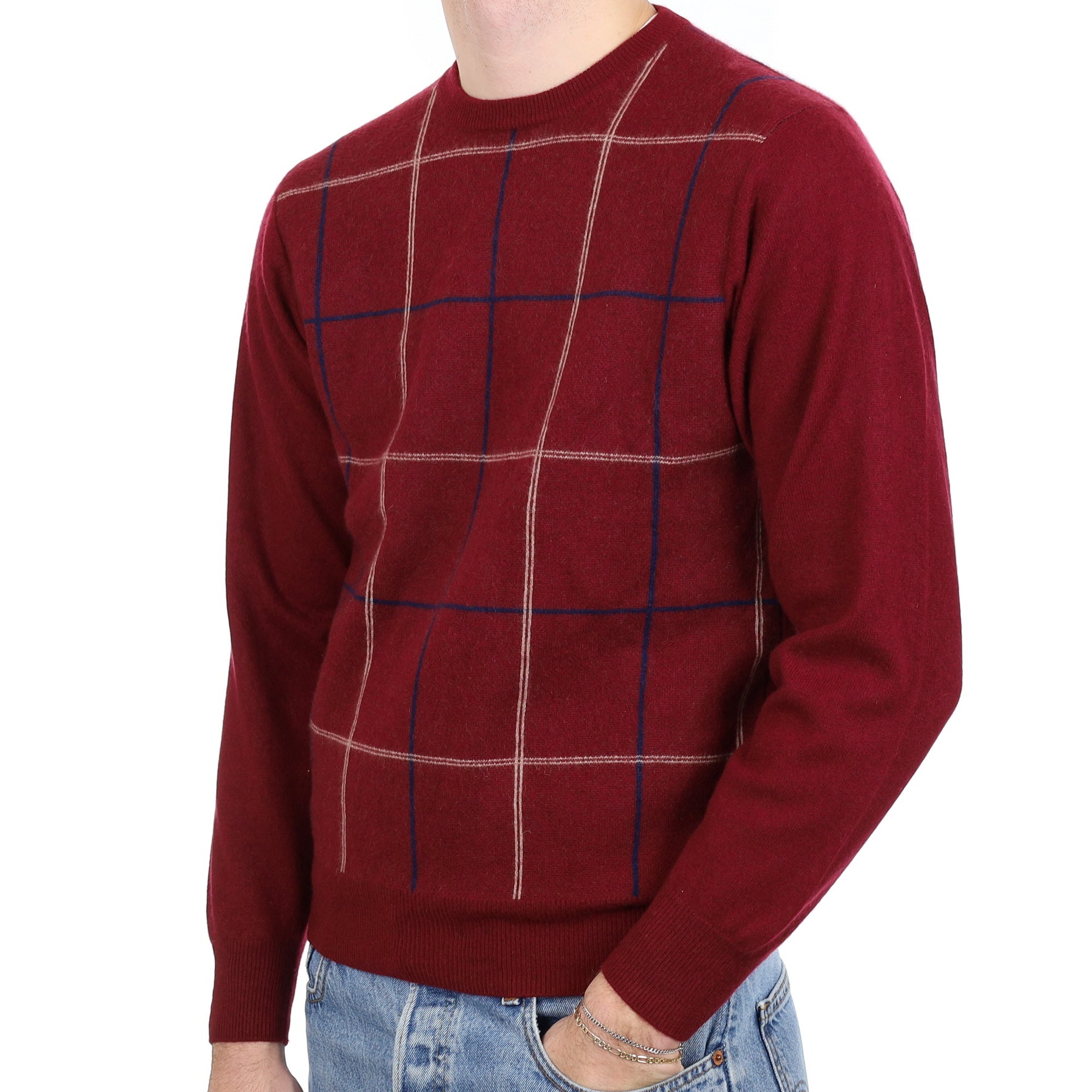 Men's Burgundy Red Patterned Cashmere Crew Neck Jumper Medium