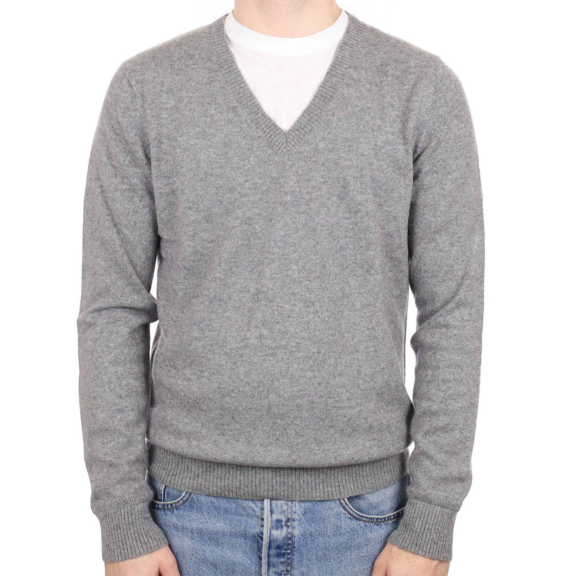 Ash Grey Men's Cashmere V Neck Jumper Medium