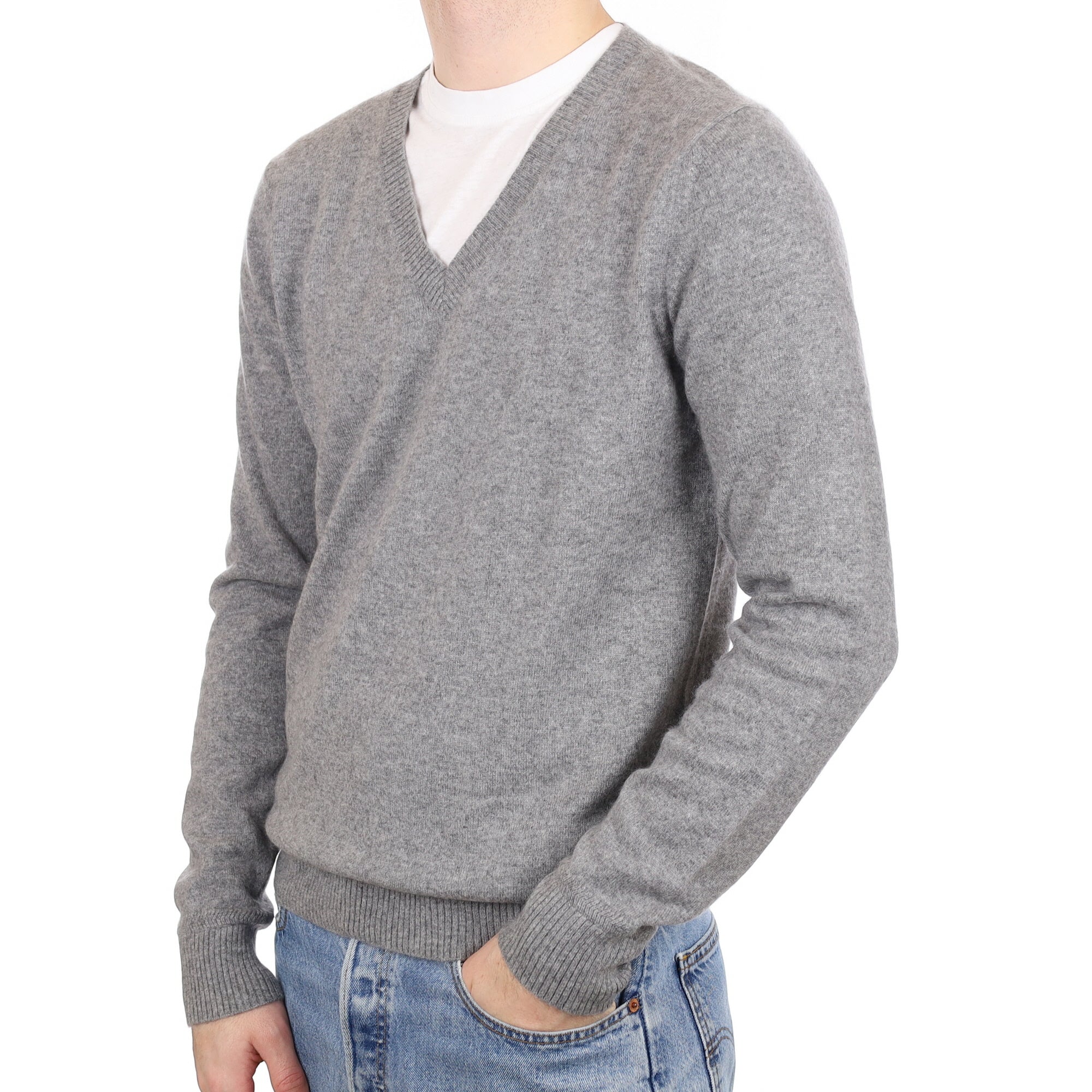 Ash Grey Men's Cashmere V Neck Jumper Medium
