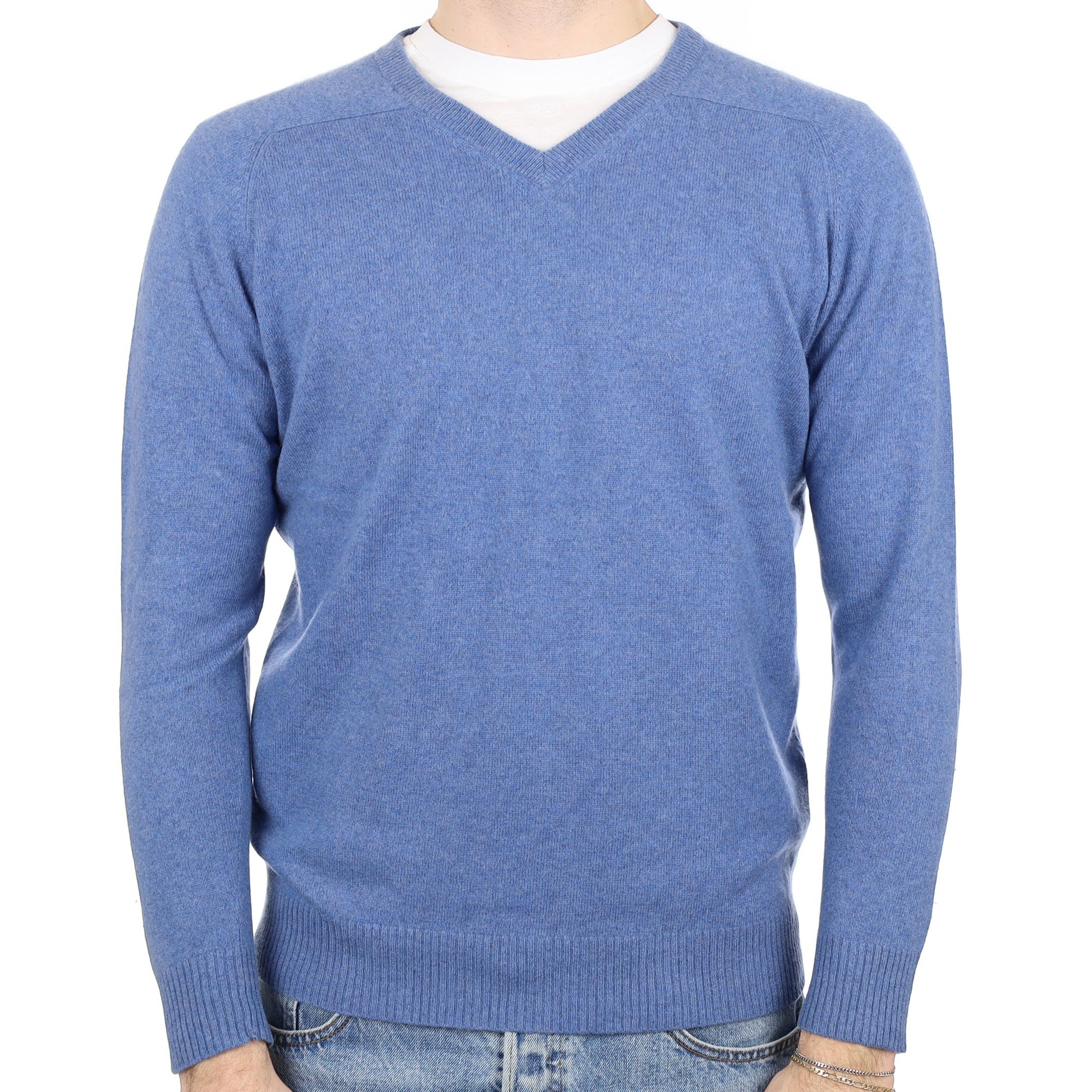 Men's Tanzanite Blue Cashmere V Neck Jumper Medium