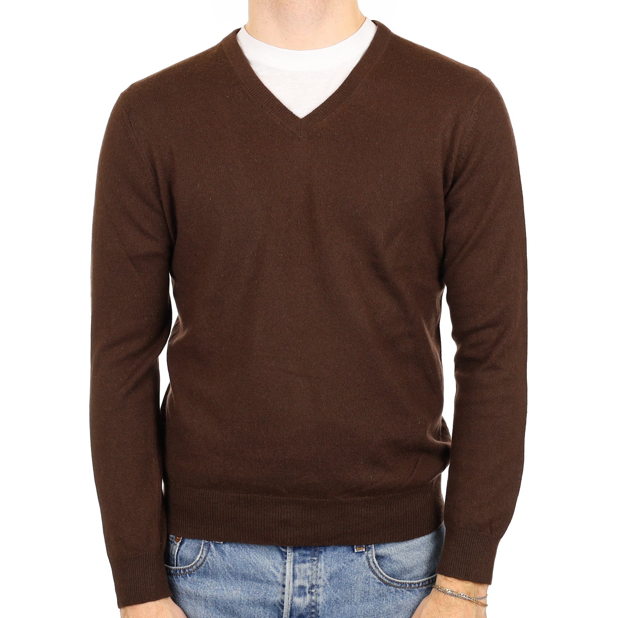 Men's Chocolate Brown Cashmere V Neck Jumper Medium