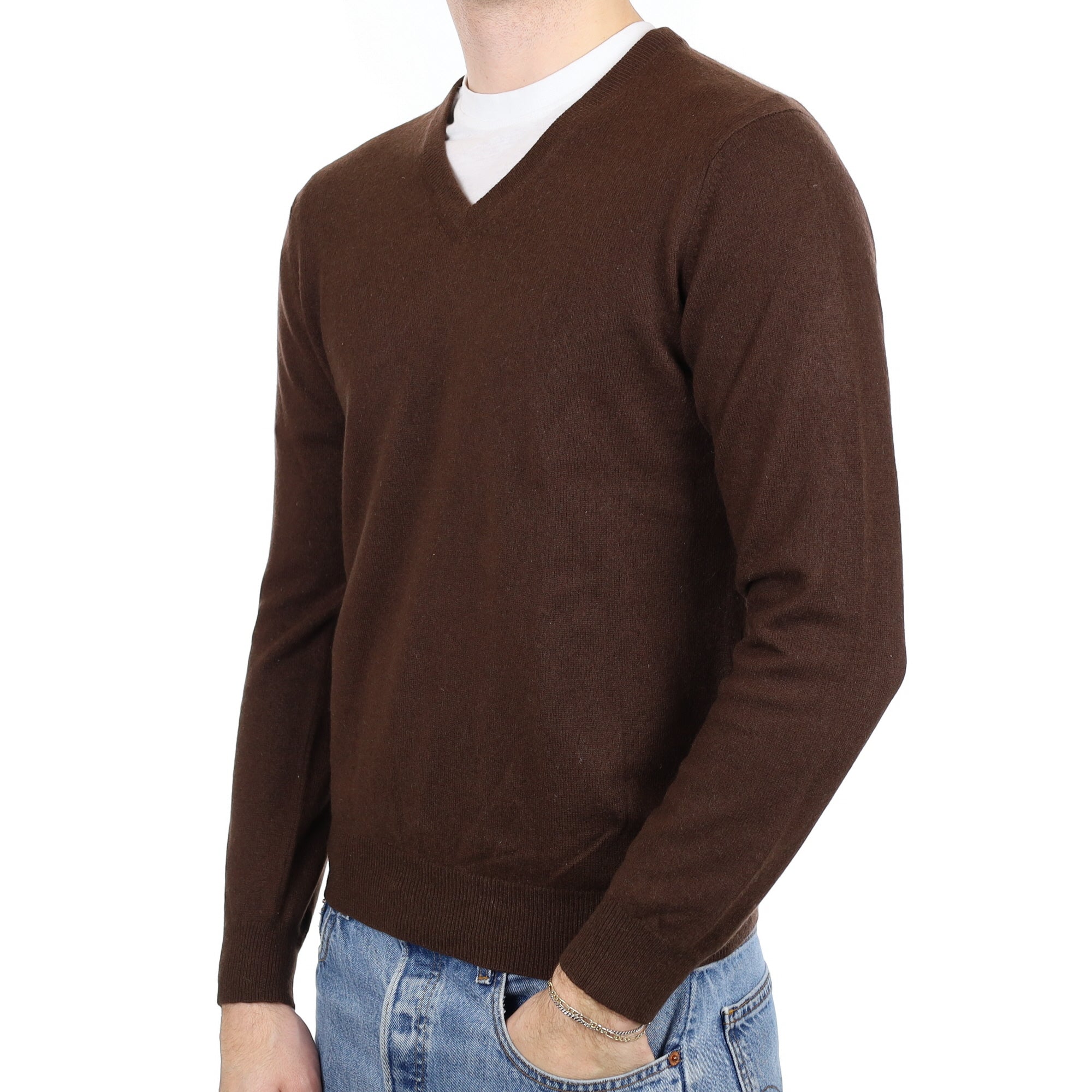 Men's Chocolate Brown Cashmere V Neck Jumper Medium