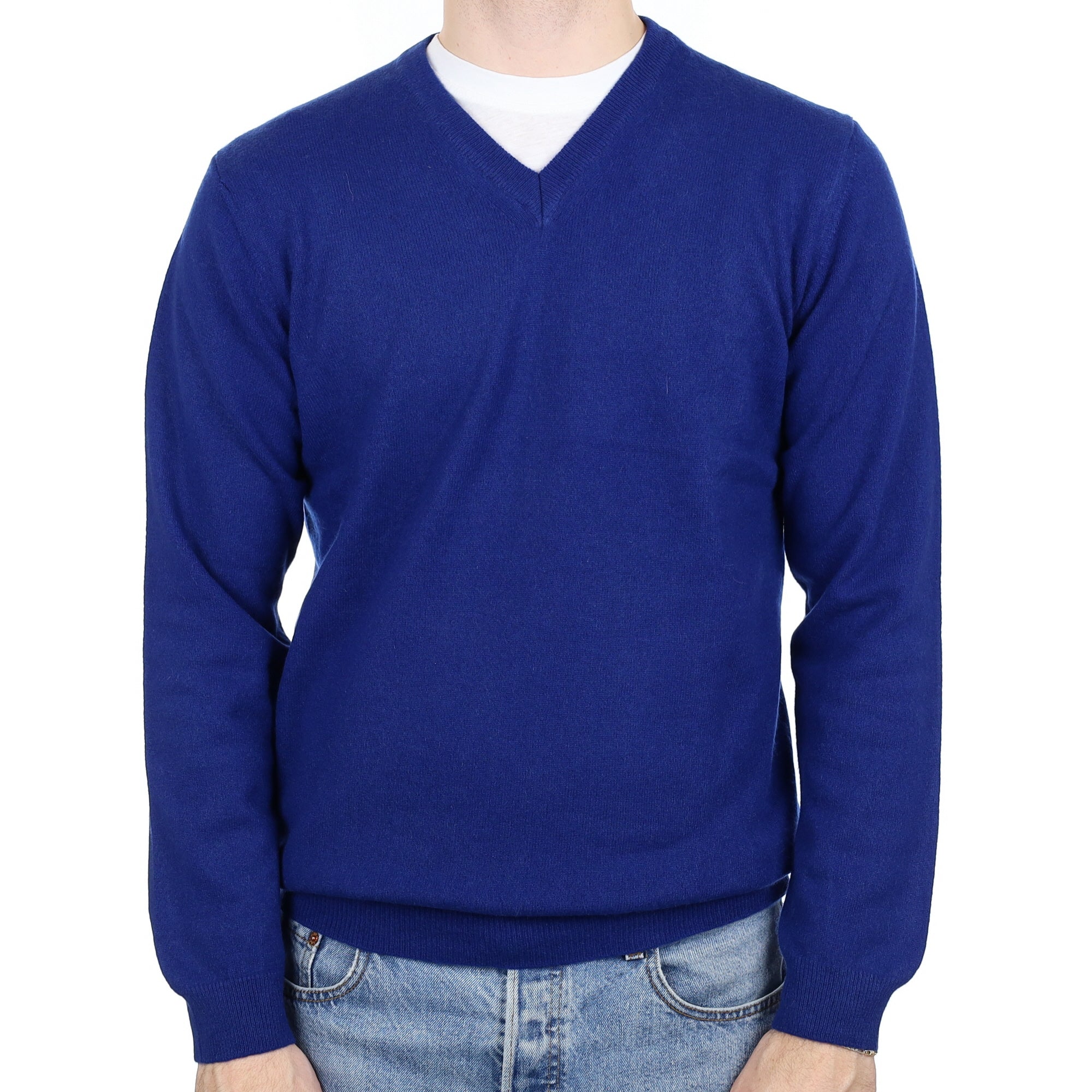 Men's Indigo Blue Cashmere V Neck Jumper Medium
