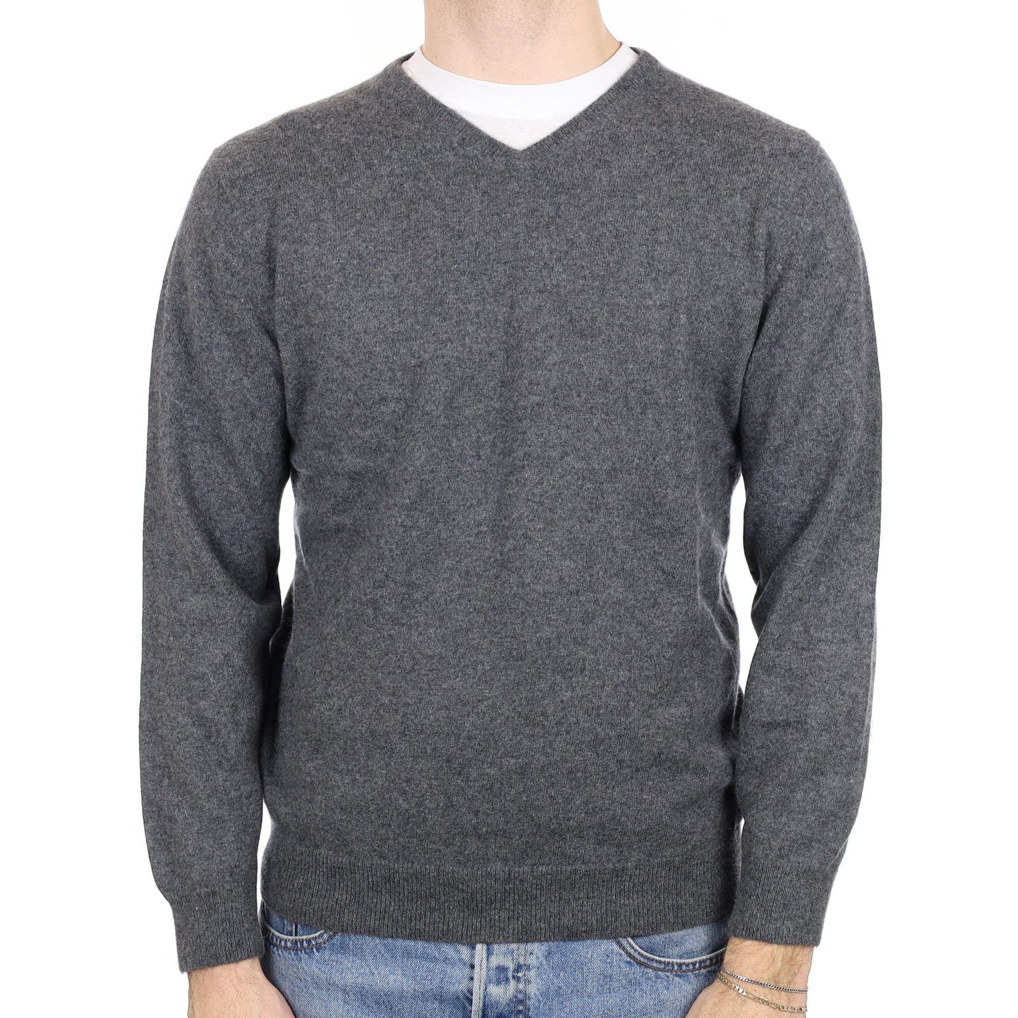 Men's Slate Grey Cashmere V Neck Jumper Medium