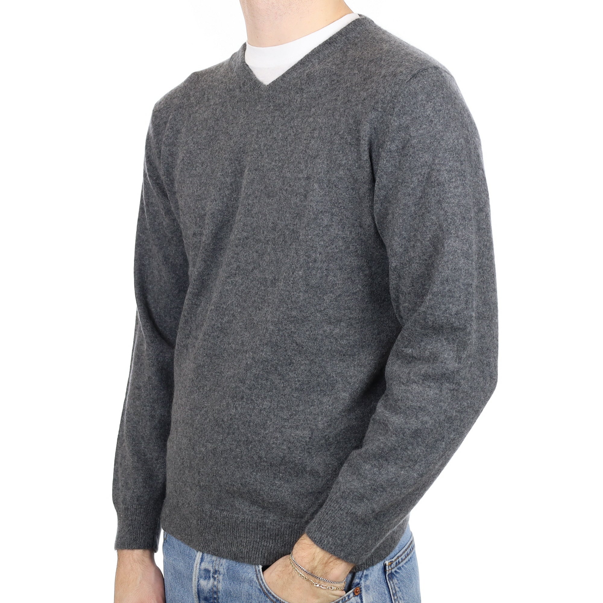 Men's Slate Grey Cashmere V Neck Jumper Medium