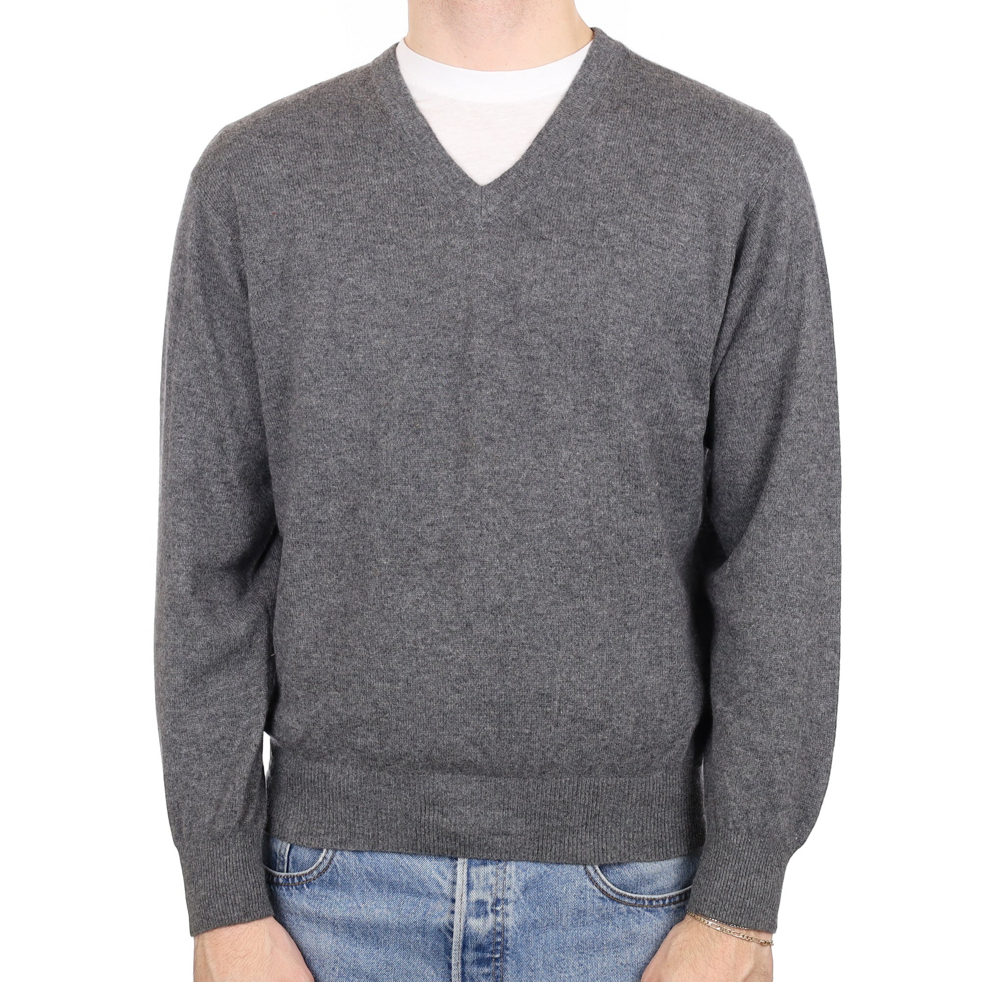 Men's Slate Grey Cashmere V Neck Jumper Medium