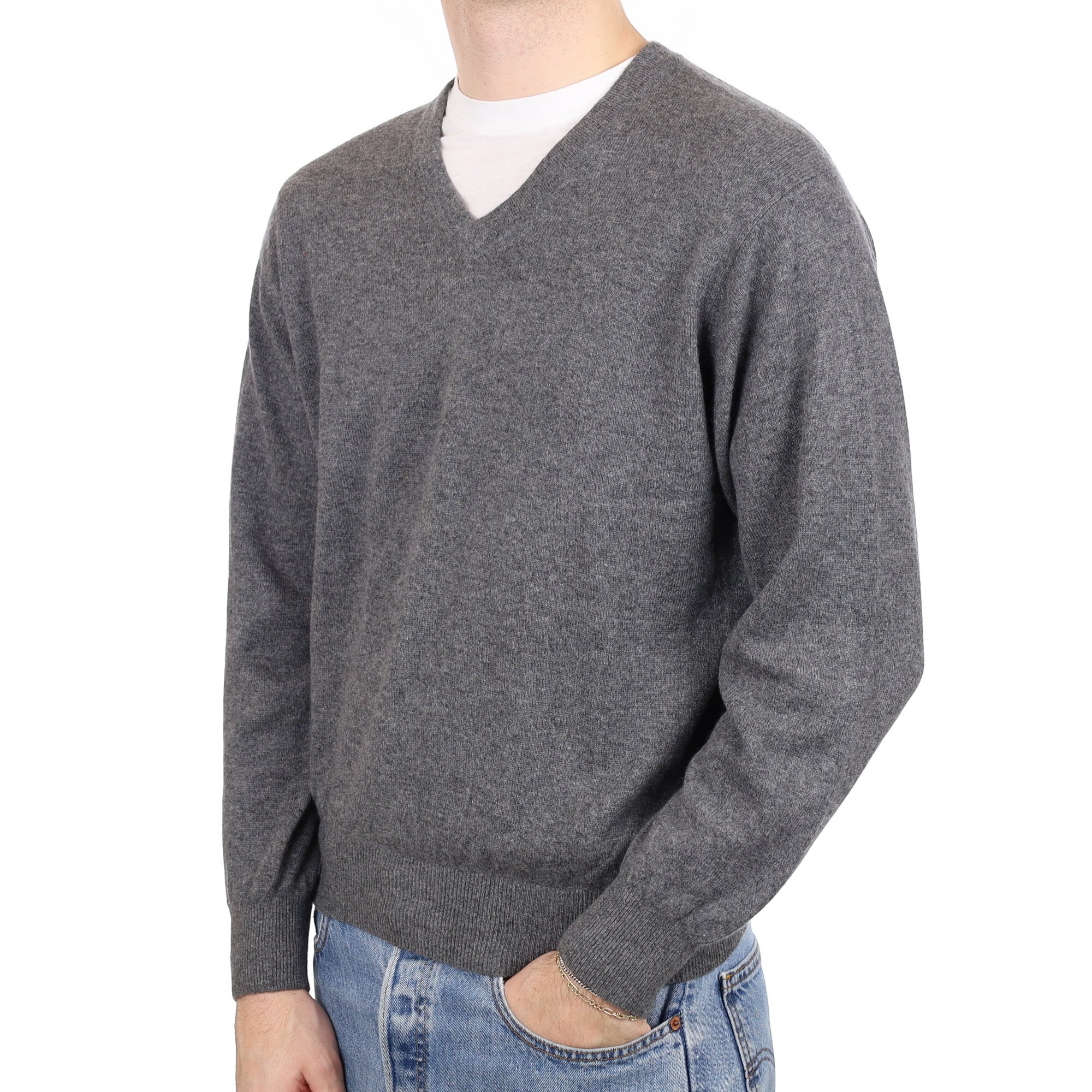 Men's Slate Grey Cashmere V Neck Jumper Medium