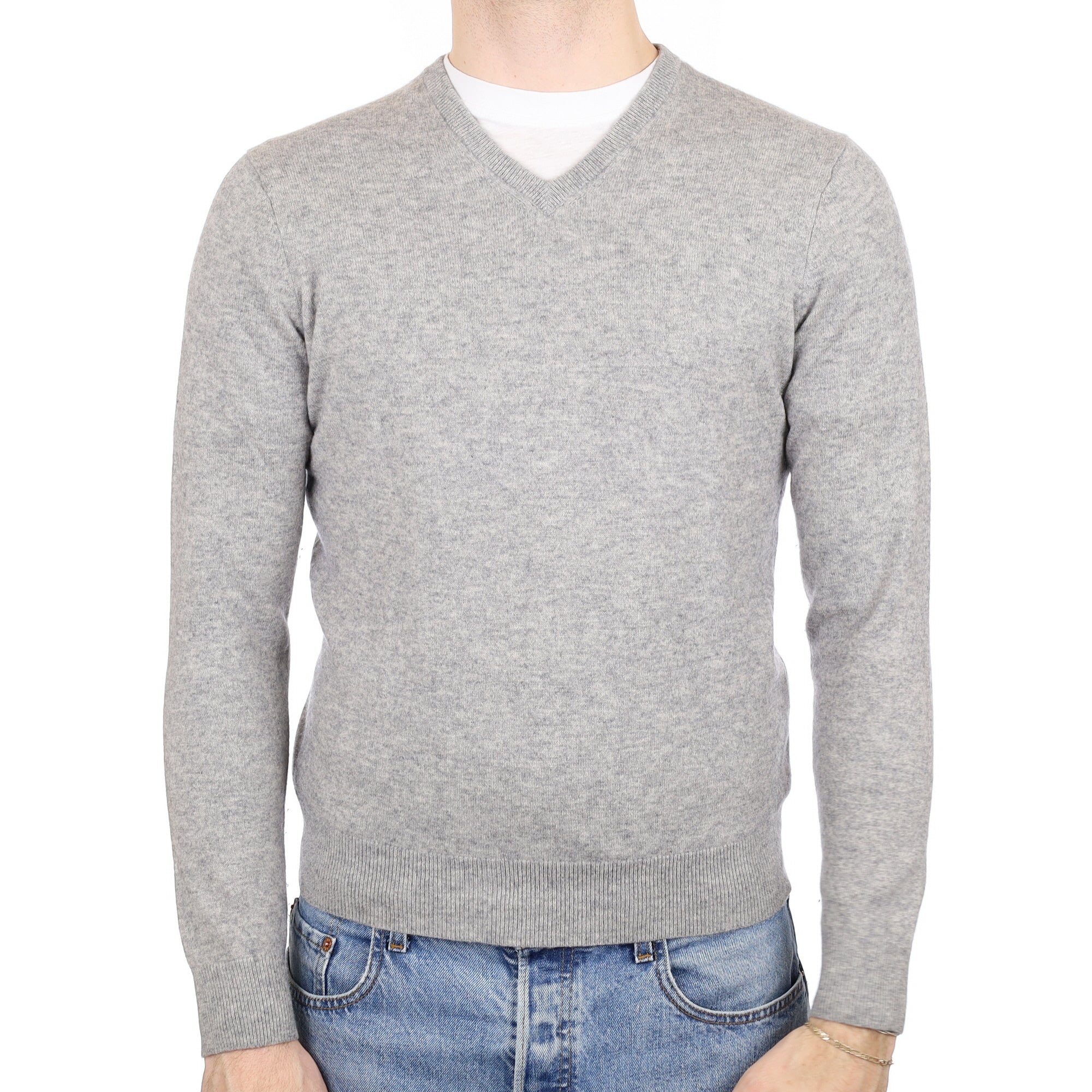 Men's Ash Grey Cashmere V Neck Jumper Medium