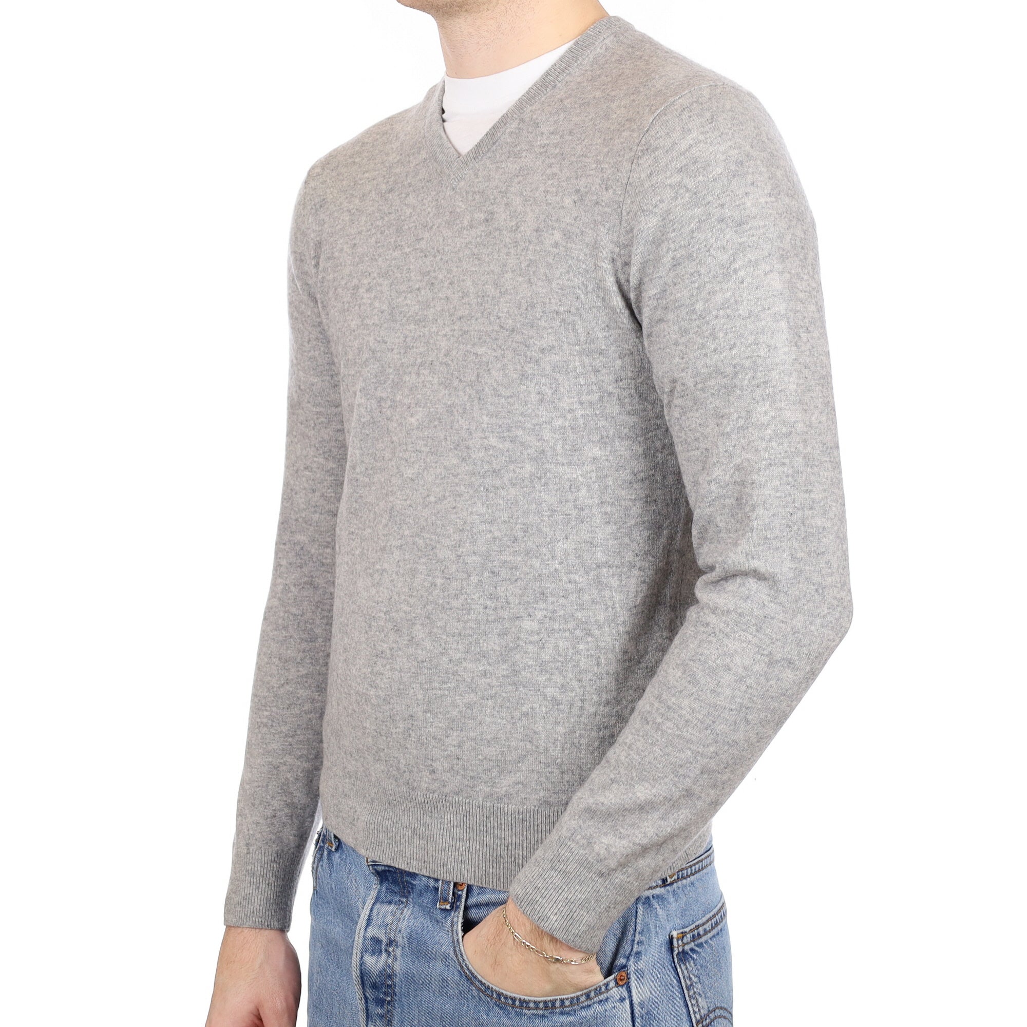 Men's Ash Grey Cashmere V Neck Jumper Medium