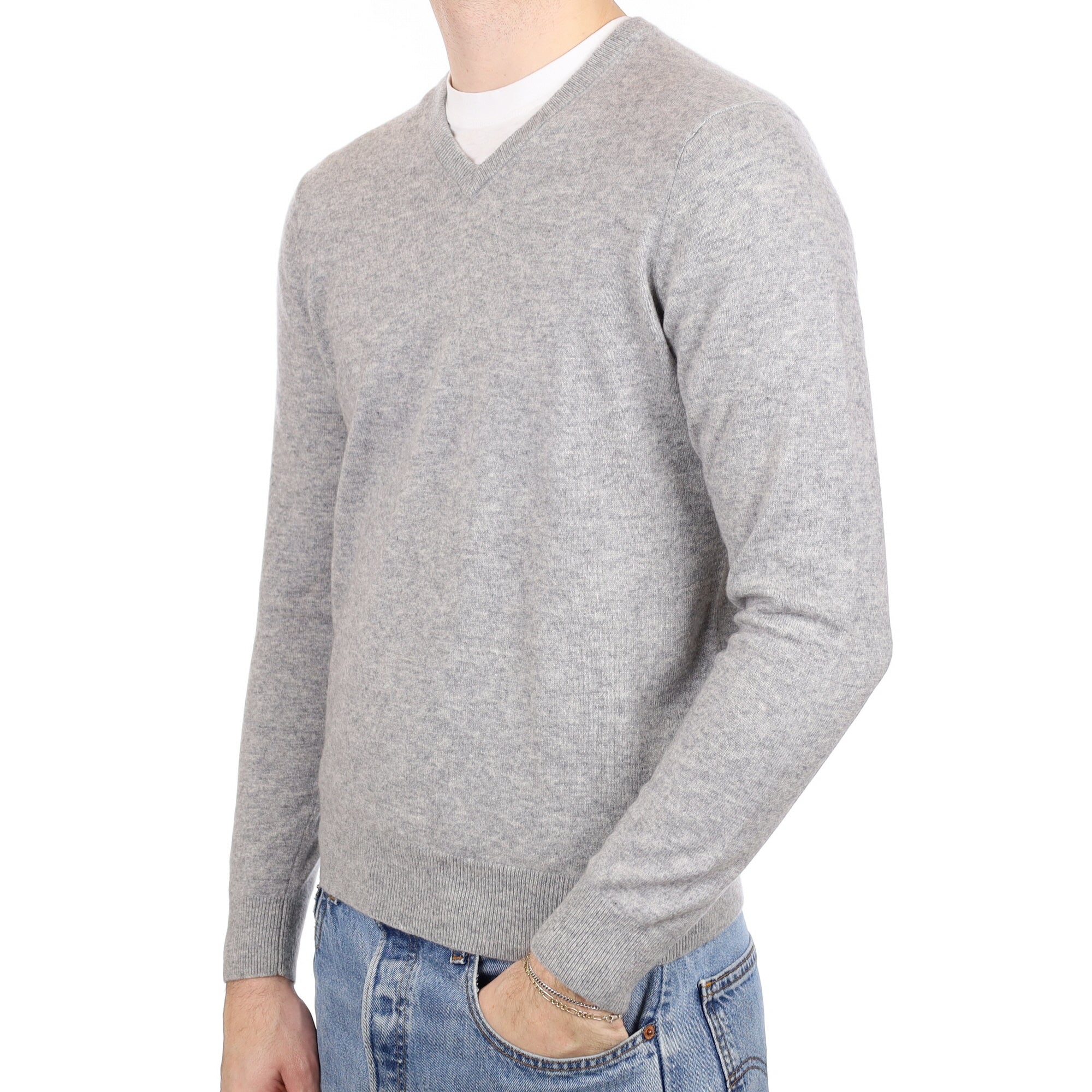 Men's Smoke Grey Cashmere V Neck Jumper Medium