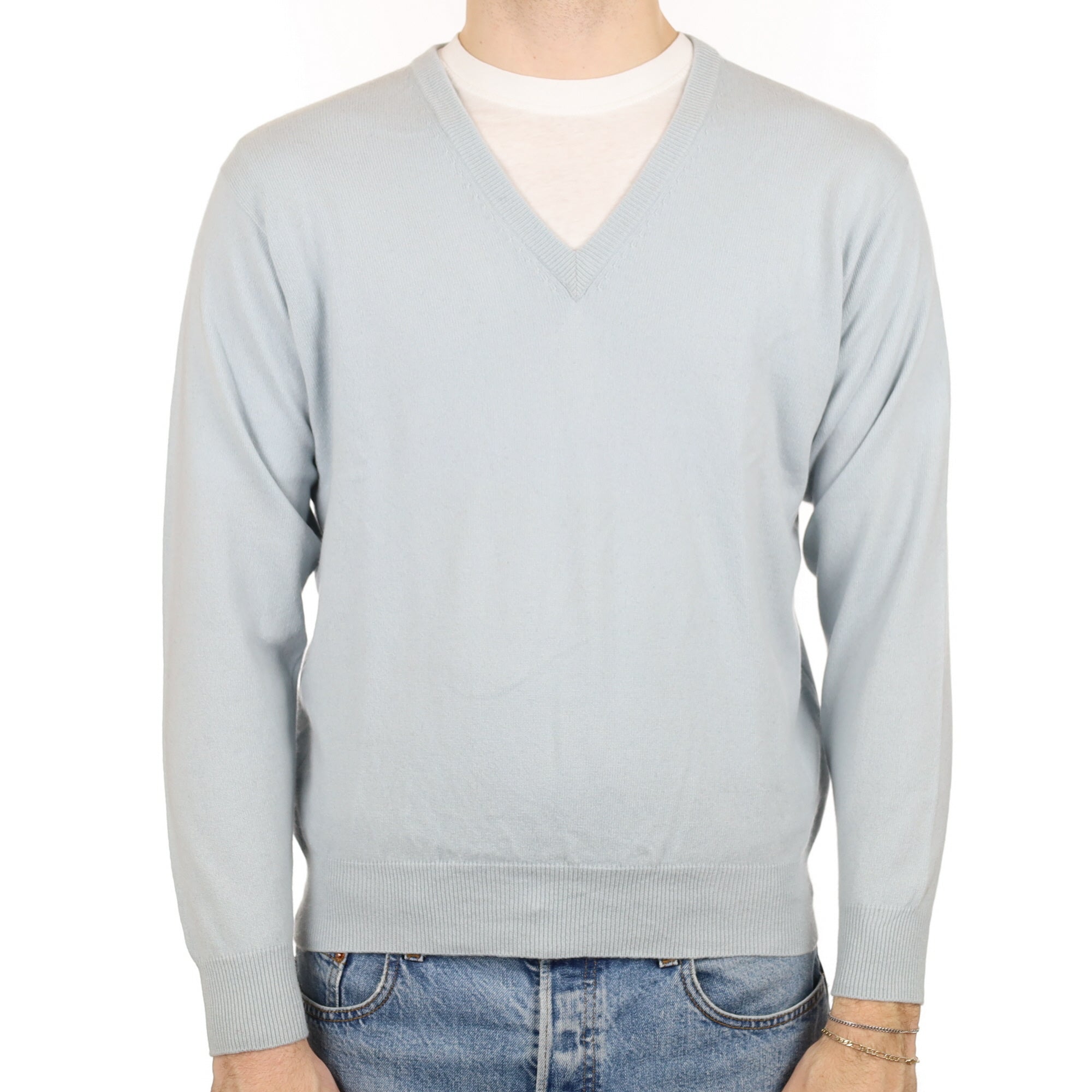 Men's Cornflower Blue Cashmere V Neck Jumper Medium