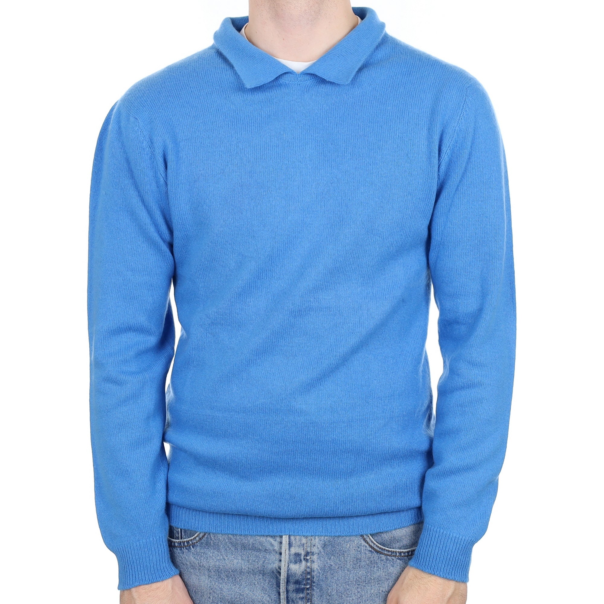 Men's Scottish Cornflower Blue Cashmere Collard V Neck Jumper Medium