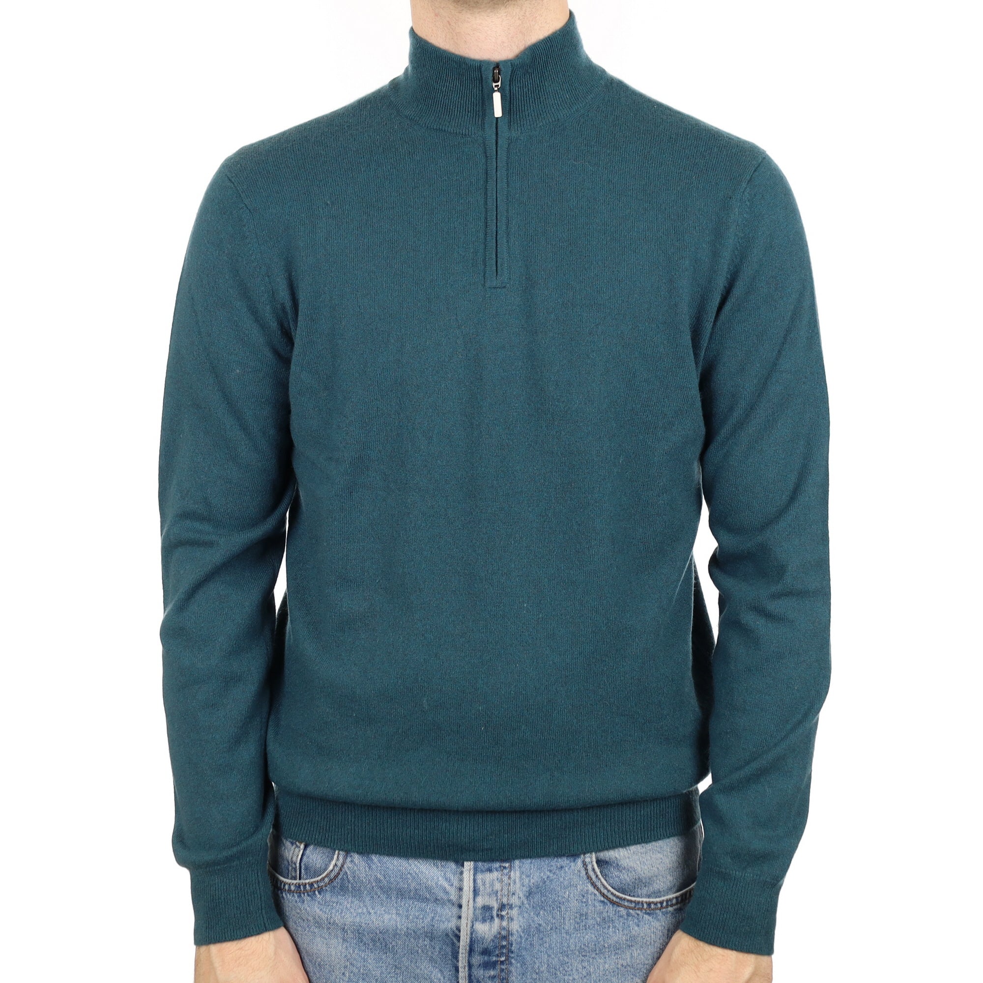 Men's Teal Green Cashmere Quarter Zip Jumper Medium