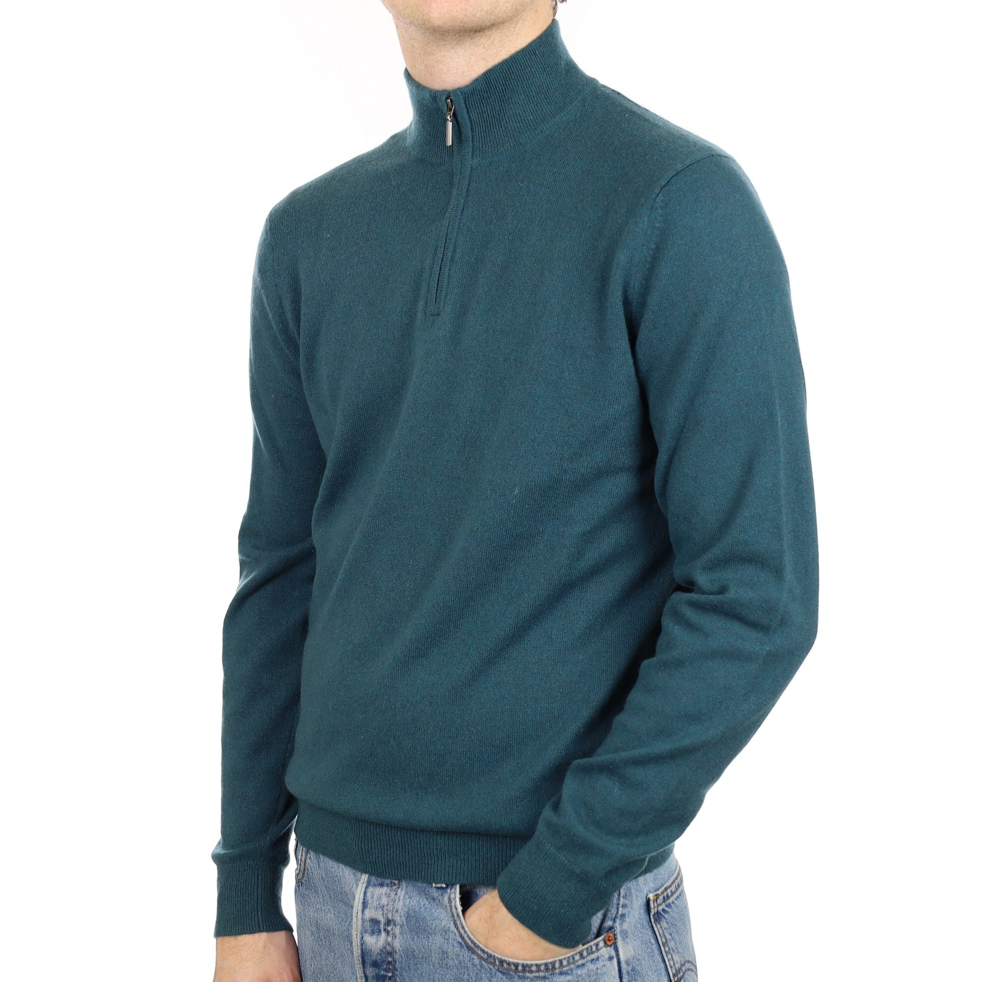 Men's Teal Green Cashmere Quarter Zip Jumper Medium
