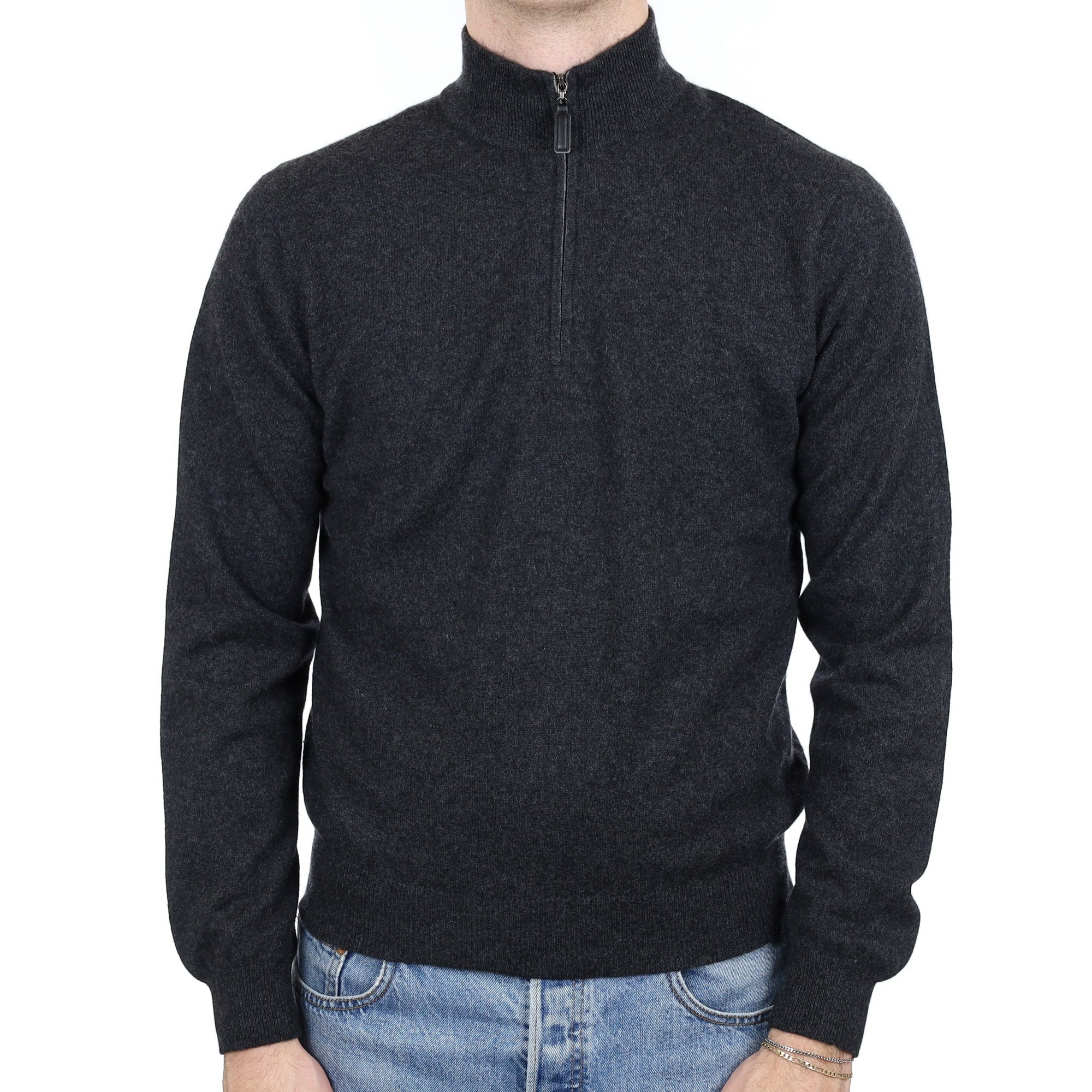 Men's Charcoal Grey Cashmere Quarter Zip Jumper Medium