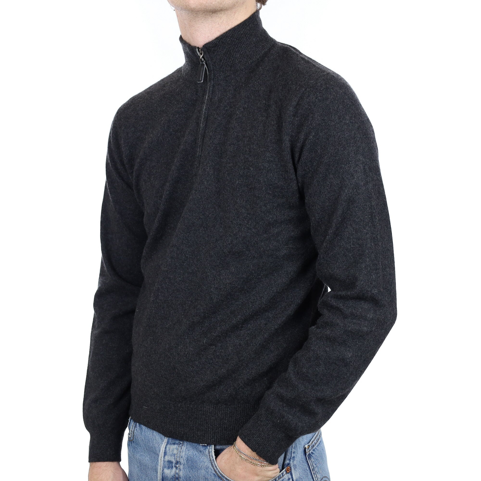 Men's Charcoal Grey Cashmere Quarter Zip Jumper Medium