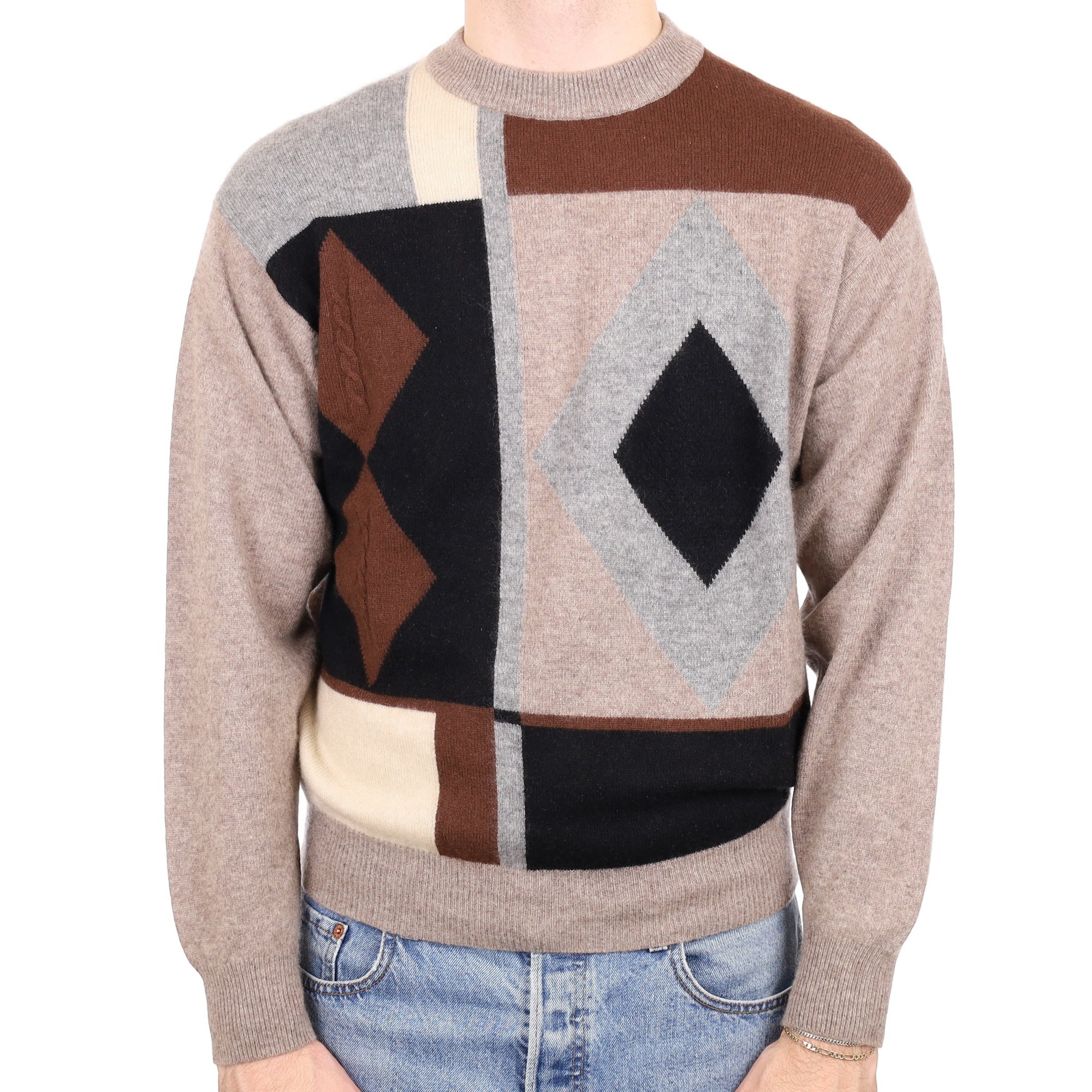 Men's Brown and Grey Pattern Cashmere Crew Neck Jumper Medium