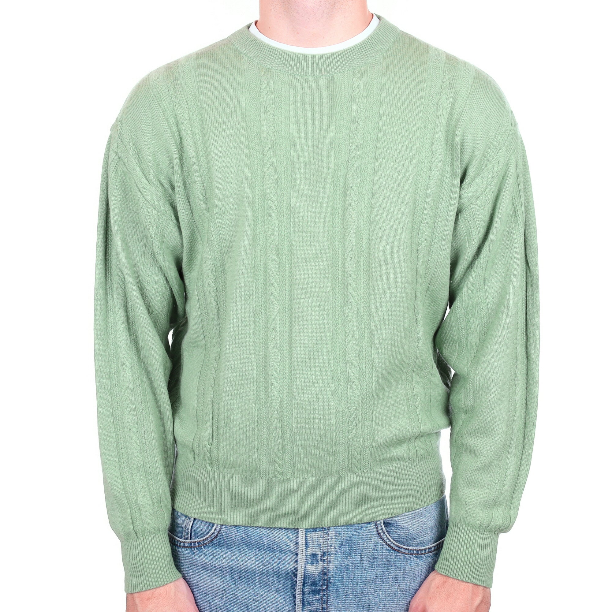 Men's Pickle Green Cable Cashmere Crew Neck Jumper Medium