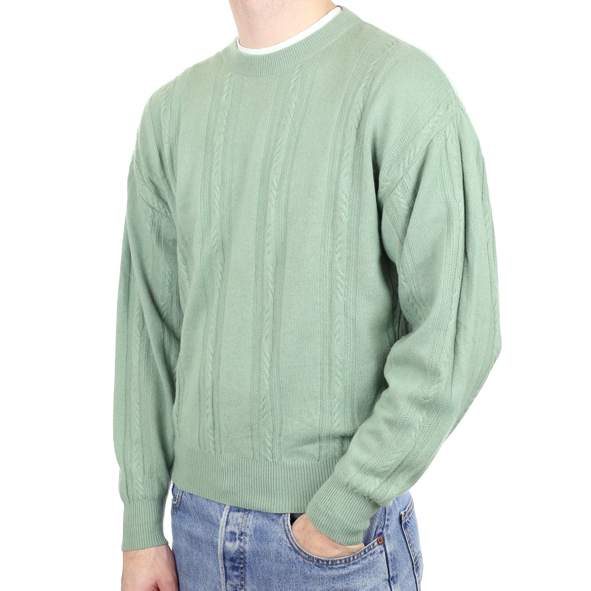 Men's Pickle Green Cable Cashmere Crew Neck Jumper Medium